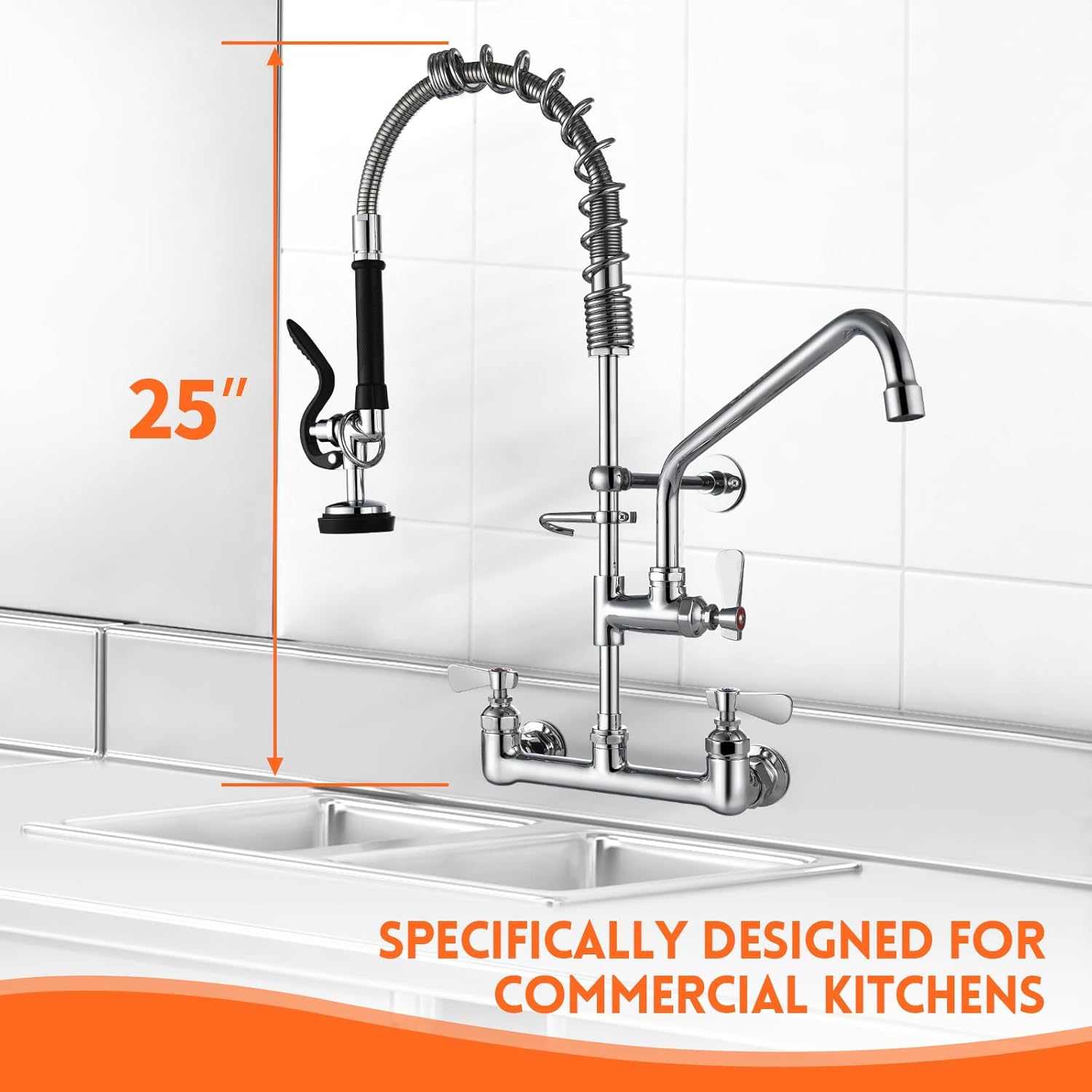25" Height Commercial Faucet Wall Mount with Sprayer 8" Adjustable Center 12" Swing Spout, Wall Mount Kitchen Sink Faucet with Pull Down Pre-Rinse Sprayer for 1/2 Compartment Sink - Image 2