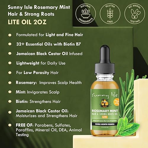 Miniatura 3 de Sunny Isle Aceite de menta de romero para el cabello y raíces fuertes, 2 onzas, para cabello ligero y fino, infundido con biotina y aceite de ricino