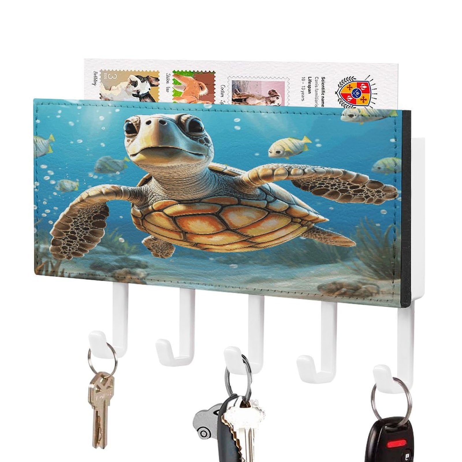Fekiloot White-Style Cartoon Sea Turtle Key Holder Wall Mount Key Hanger With 5 Hooks Decorative Key Rack Hanging Key Hooks With Mail Organizer Key Holder For Wall Living Room Kitchen Bathroom Hallway White