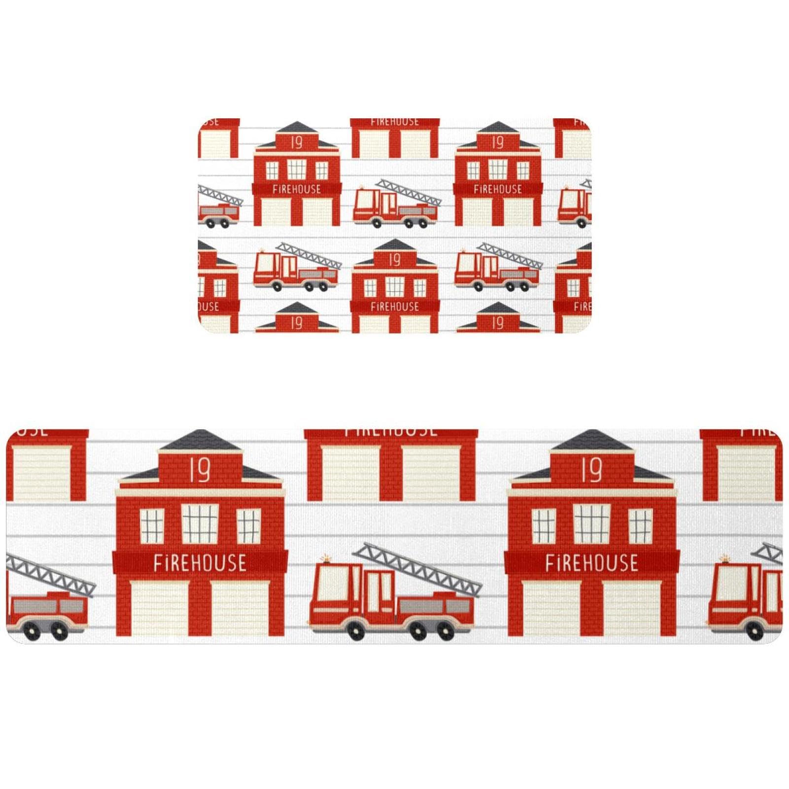 Tapete de cocina de 2 piezas con diseño de camión de bomberos, alfombra antideslizante lavable