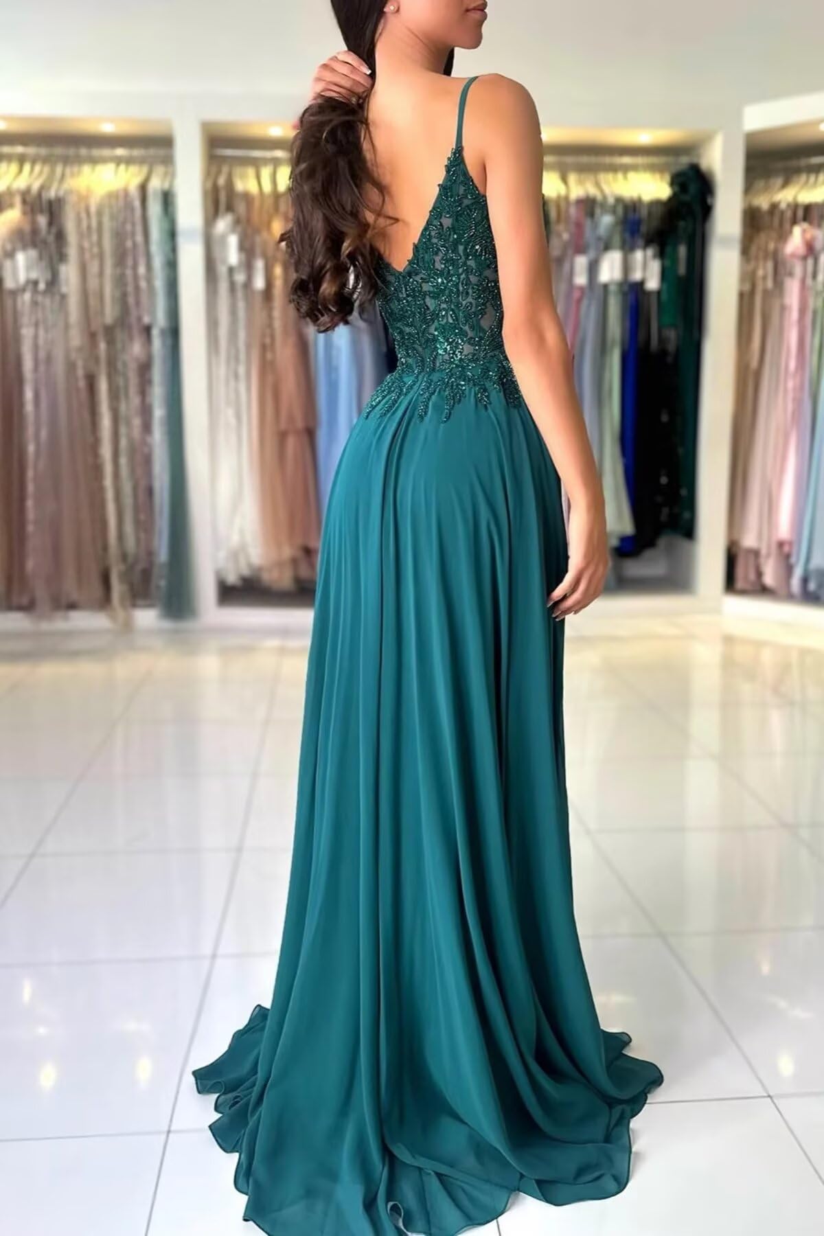 Damen Chiffon Ballkleider Lang V-Ausschnitt Spitzenapplikationen Brautjungfernkleid A-Linie Abendkleider mit Schlitz
