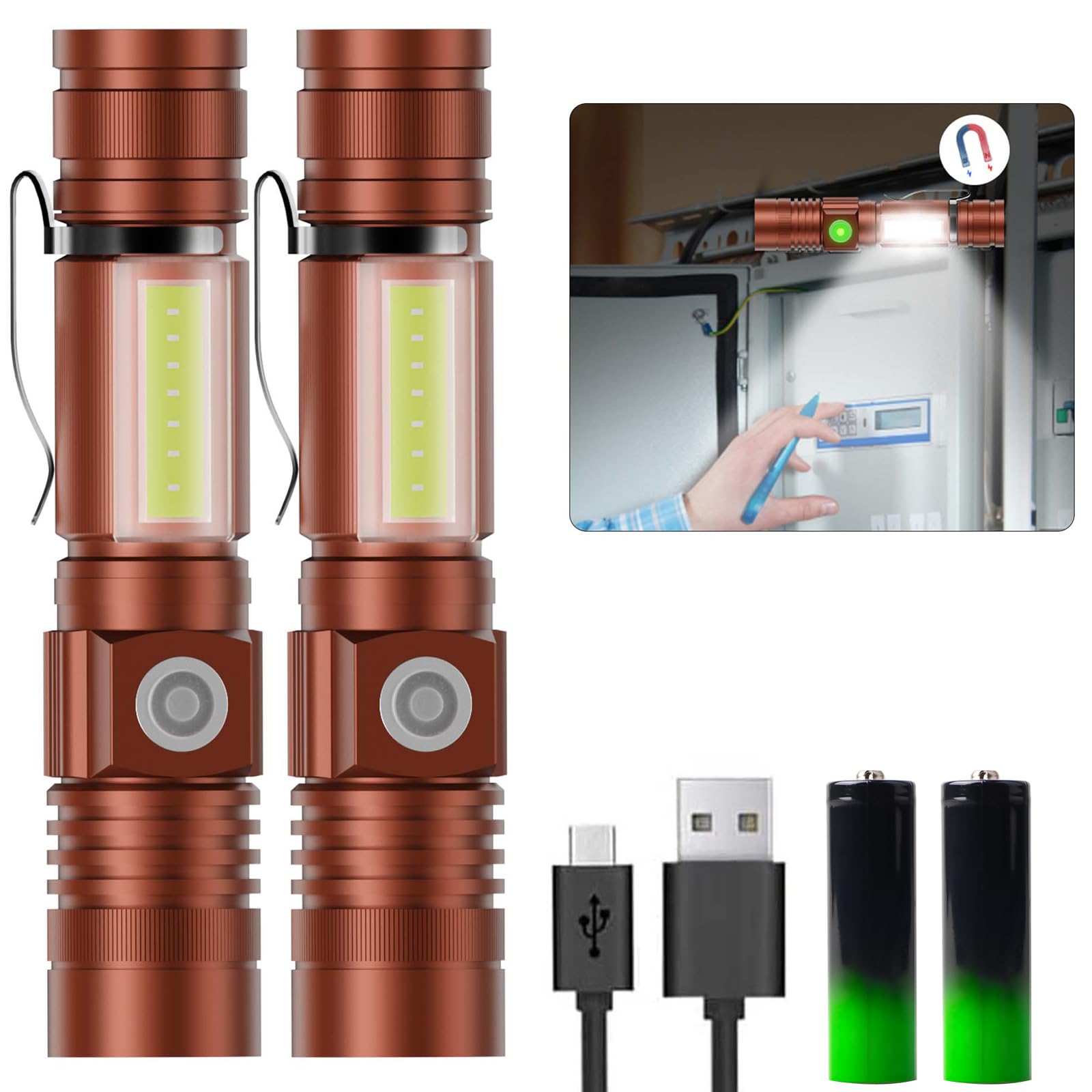 Karrong Torch LED Magnet USB Rechargeable Zoomable Extremely Bright 3000 Lumen Torches Battery Operated Waterproof COB Side Light 4 Modes for Outdoor Hiking Camping Emergency, Brown