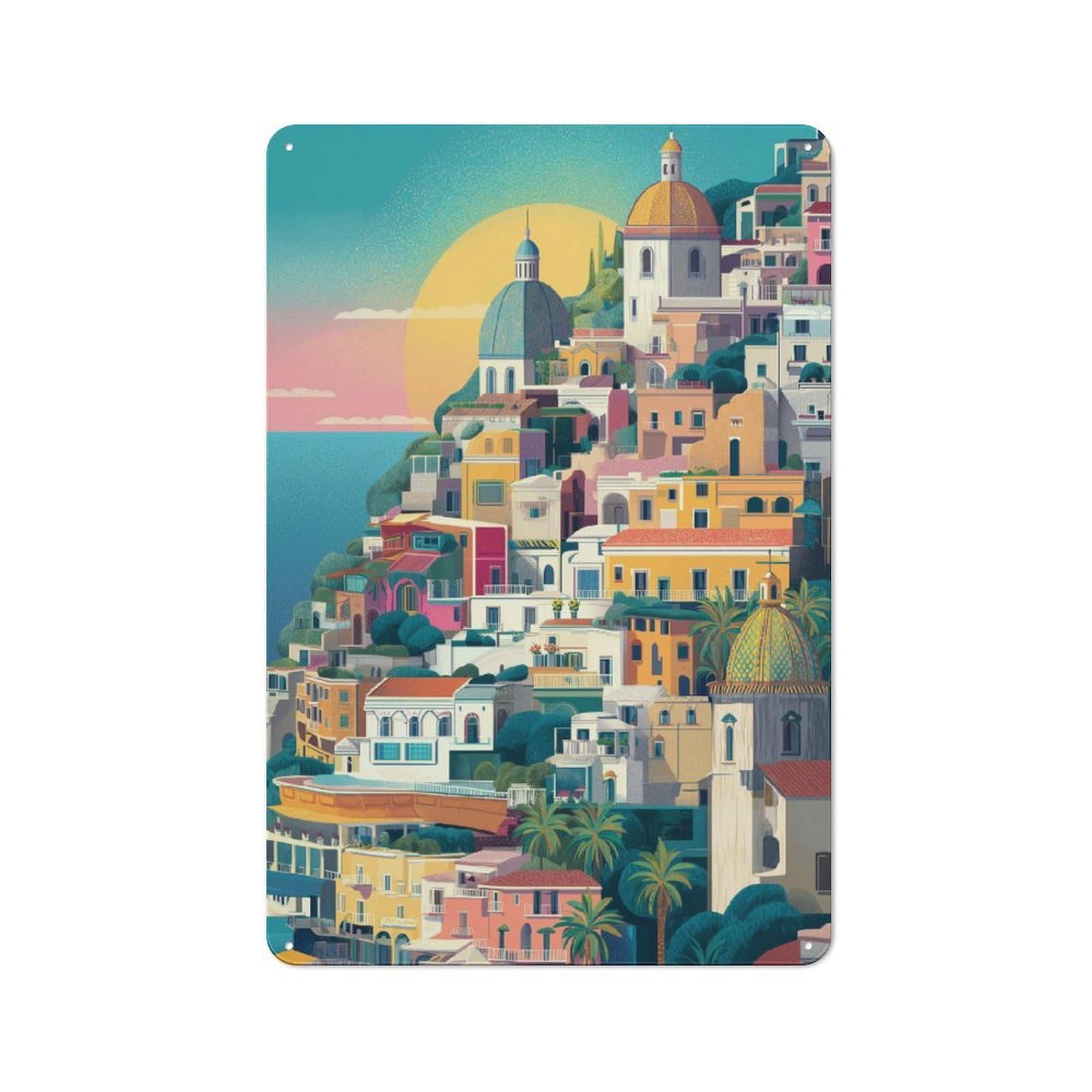 Junmoney Colorful Coastal Village Sunset Decorative Tin Plaque With Design 30X20cm, Classic Novelty Wall Art For Flat, Dorm Room, Lounge Or Cafe