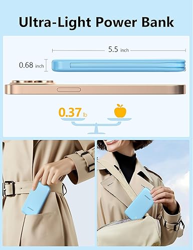 Miniatura 3 de Alongza Cargador portátil con cables integrados y enchufe de pared de CA, cargador de batería delgada de carga rápida de 10000 mAh, batería externa