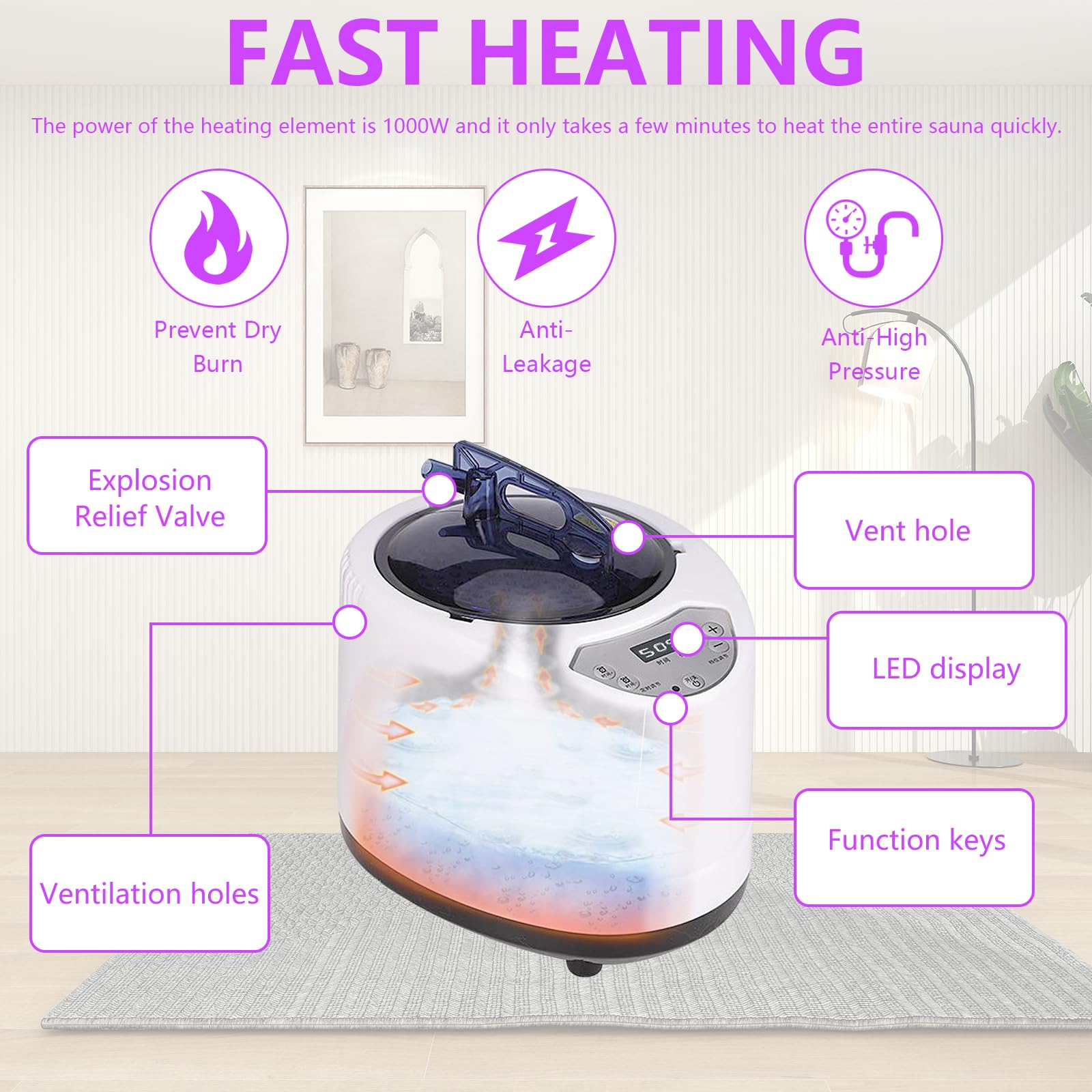 Sauna à Vapeur Portable, 1500W Sauna Pliable Cabine avec 3L Générateur de Vapeur et Télécommande, 9 Niveaux de Température Réglables, Idéal pour Bain de Sauna, Détoxification, Thérapie Corporelle