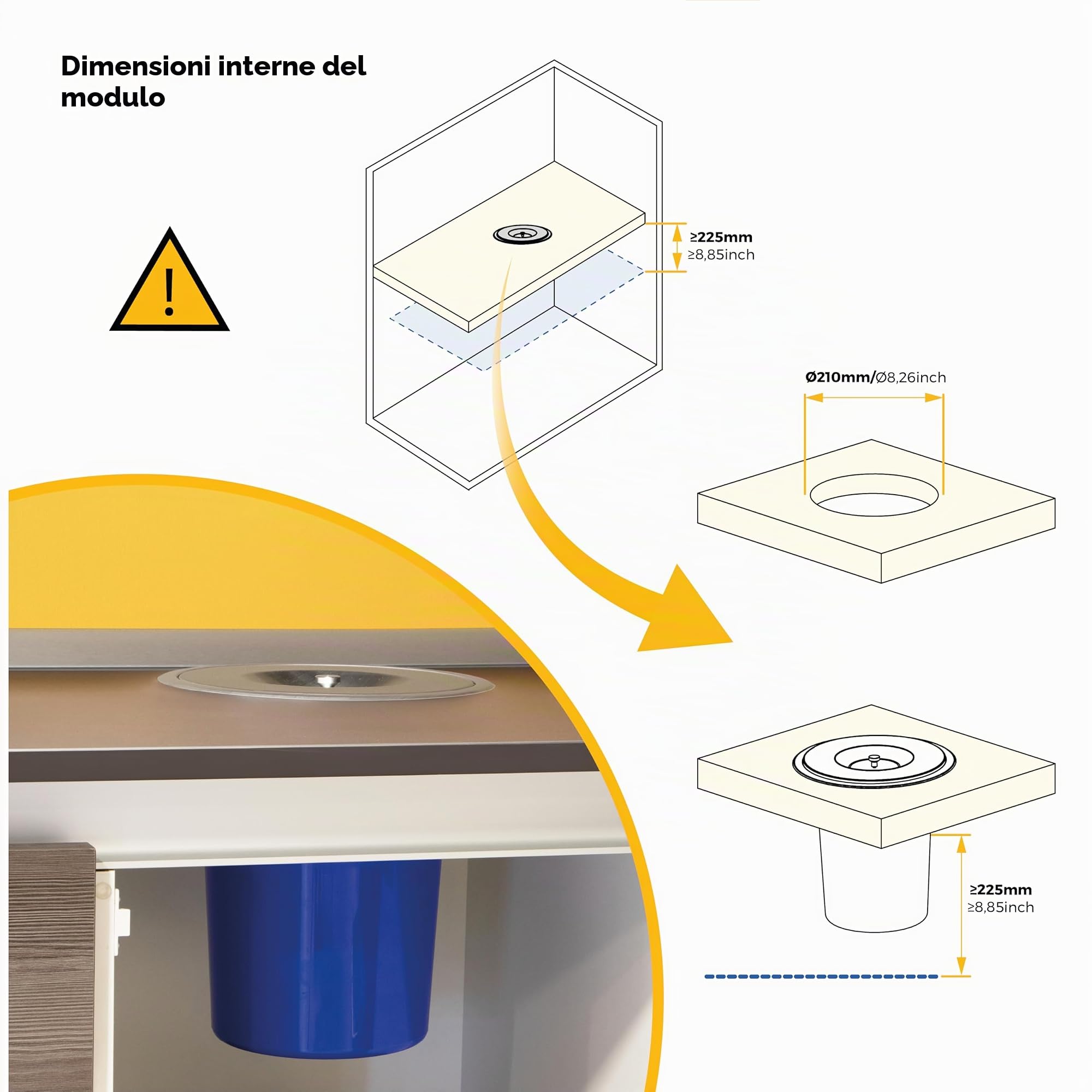 Emuca - Pattumiera da Incasso con Coperchio per Piano Cucina, Contenitore Estraibile Cucina 5L, Acciaio Inox.