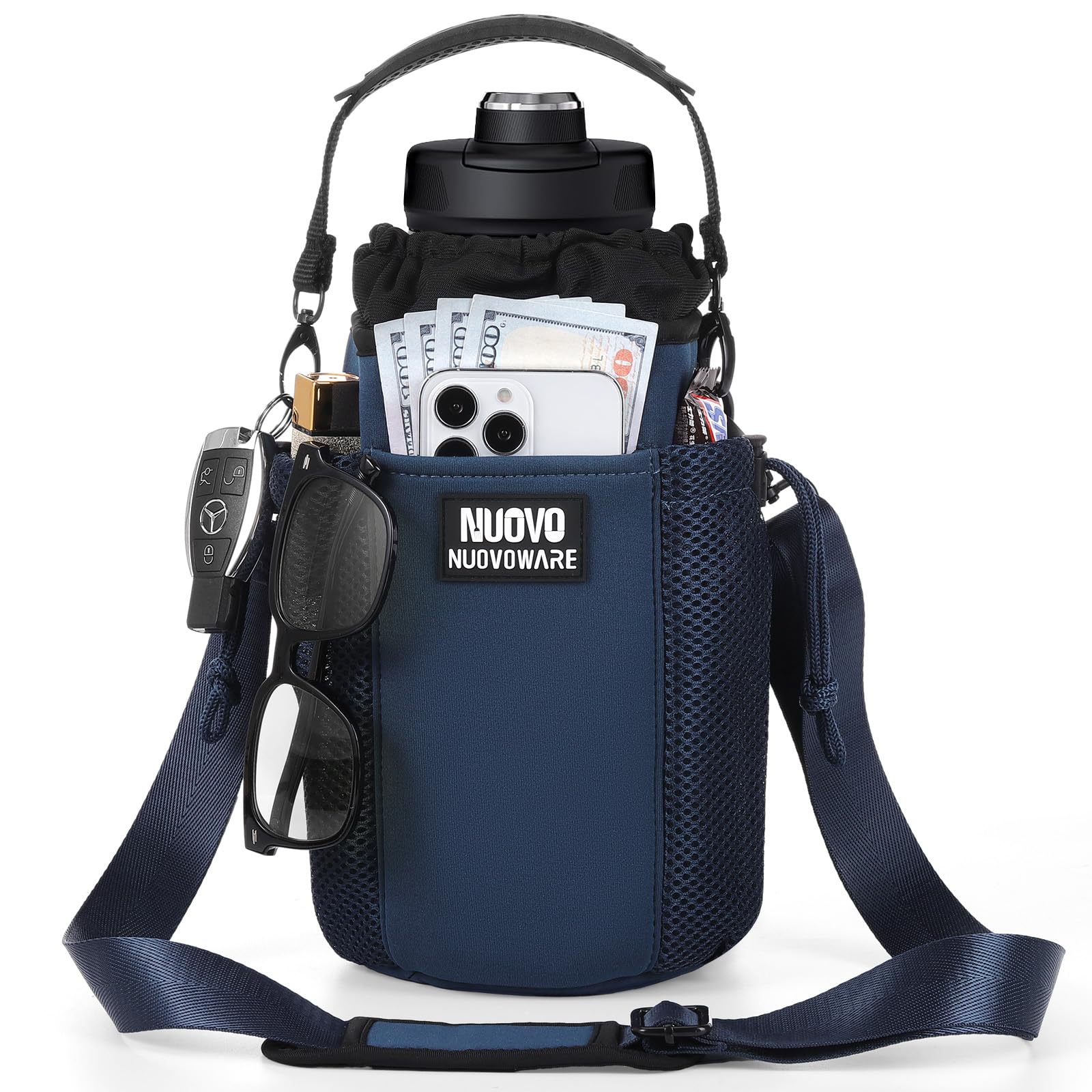 Nuovoware Water Bottle Carrier Bag, 64OZ Insulated Water Bottle Holder with Strap 4 Pockets, Water Bottle Carrier Sling Bag for Walking Hiking Camping Fishing Sport, Blue