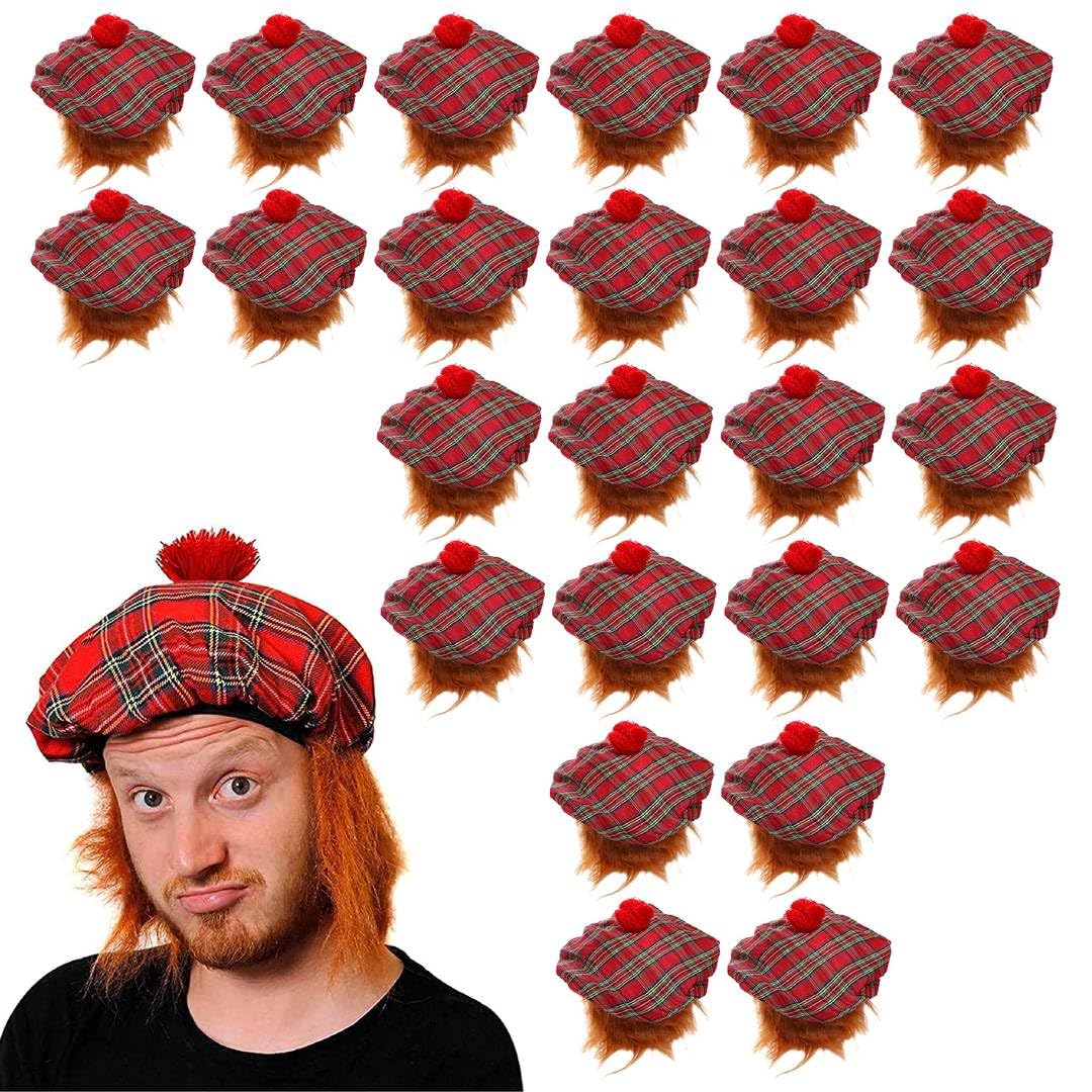 Adults Tam O' Shanter Hat - Pack of 24 - Red Adults Tartan Scottish Hat with Attached Ginger Hair - Scotland St Andrews Day Burns Night Fancy Dress Costume Accessory