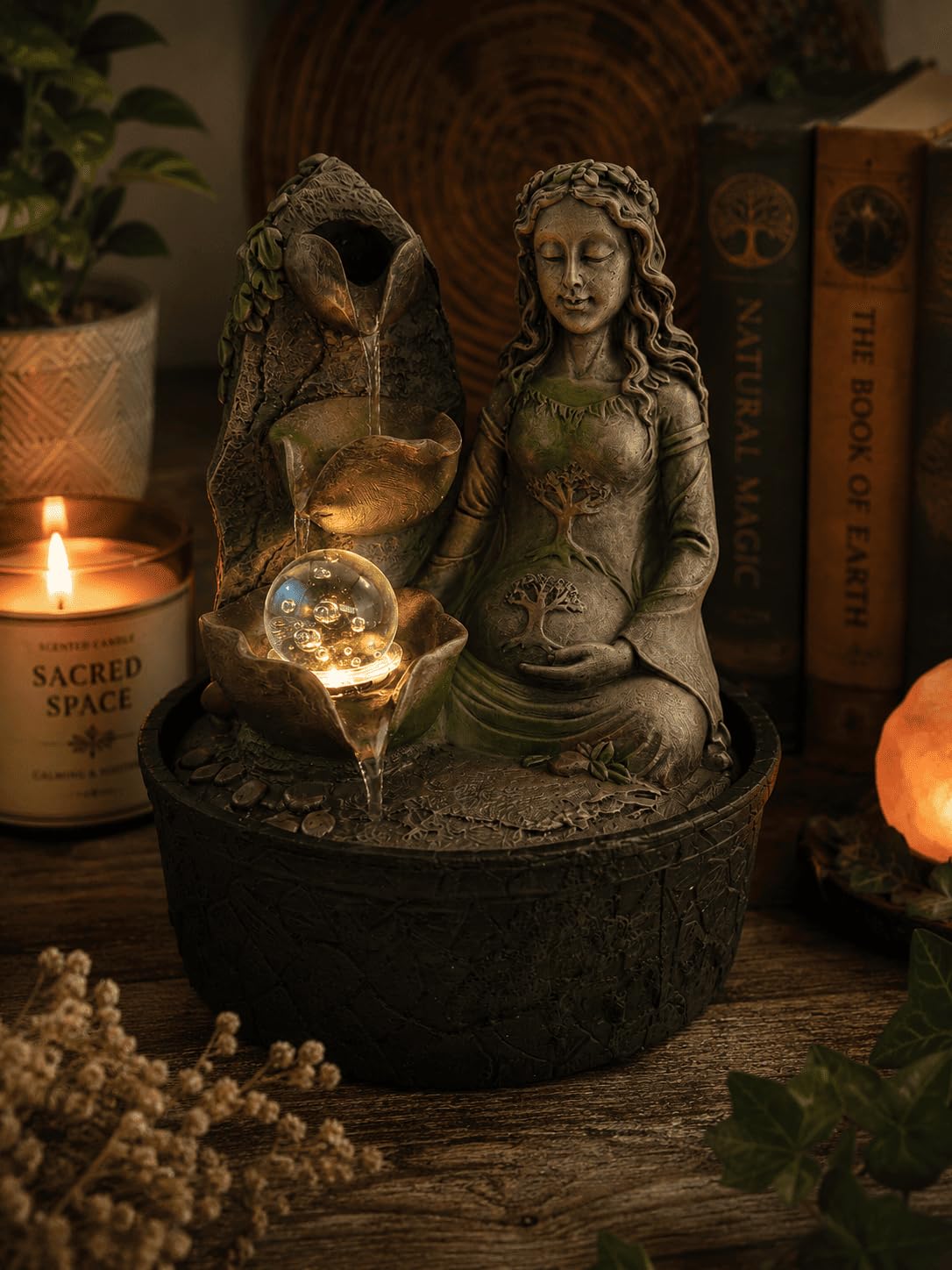 HOSTENATURA Fuente de Agua Gaia Madre Tierra con Luz 20x20x25cm | Fuente Decorativa Zen de Resina | Relajación, Armonía y Decoración Espiritual