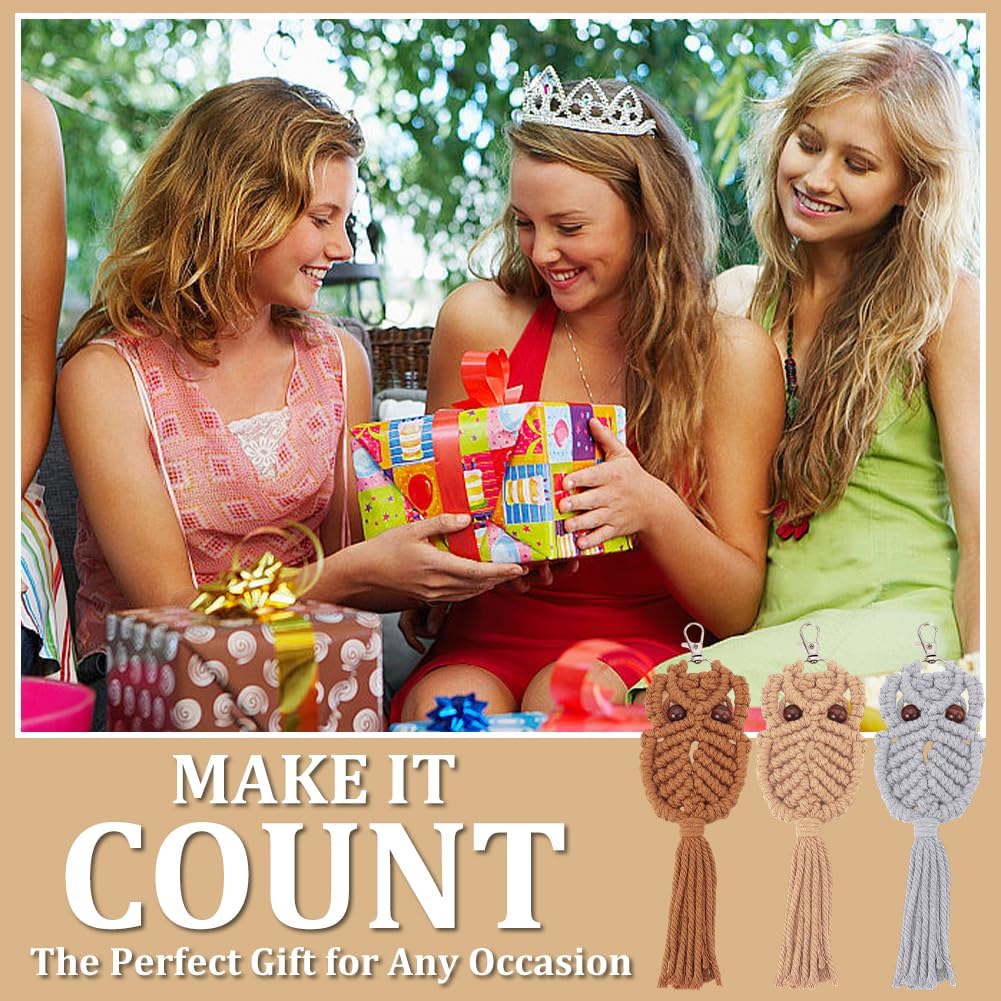 6PCS Owl Macrame Keychain Kit for Adults Beginners Owl Boho Macrame Keychain Craft Kits Gift DIY Keychain Kits for Adults Purse Phone Bag Includes Key Rings and Instruction with Video - Image 6