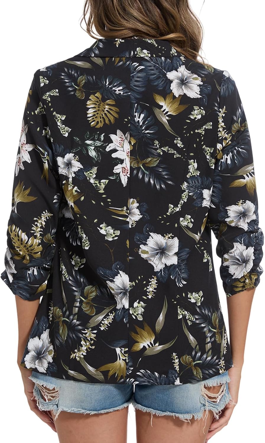 MINTLIMIT Womens Casual Blazers Shawl Collar Ruched 3/4 Sleeve Chiffon Blazer V Neck Work Office Suit Jacket(Floral Black, 2XL) - Image 4