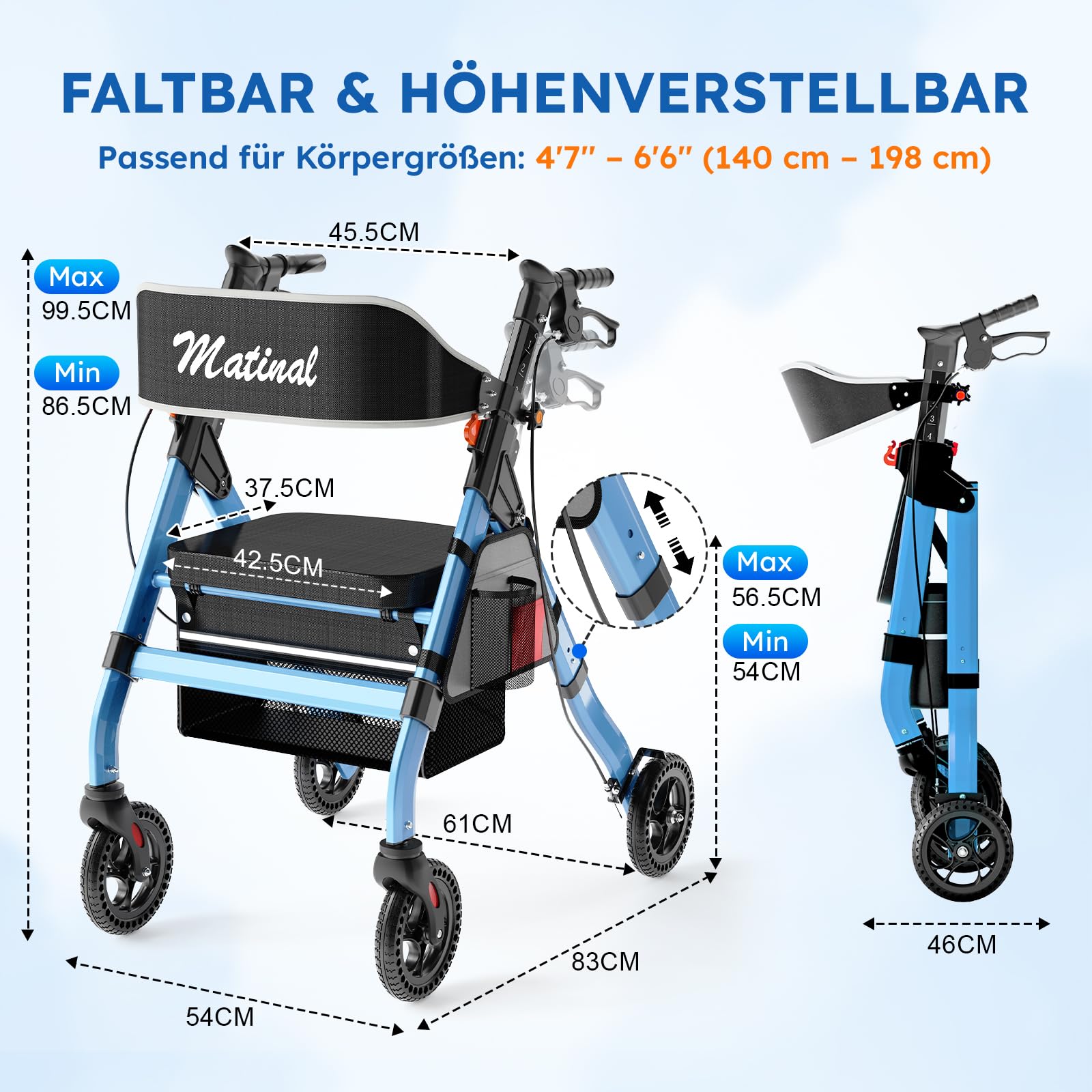Andador de exterior con asiento para personas mayores, andador plegable con neumáticos de goma maciza para cualquier terreno, ruedas grandes de 8 pulgadas, andadores de aluminio ajustables en