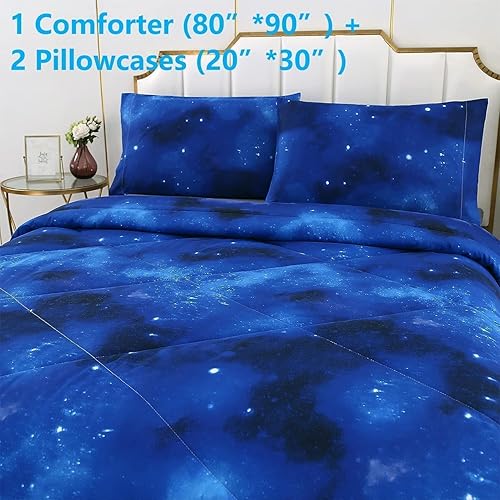 Miniatura 2 de SDIII Juego de edredón de 3 piezas de galaxia azul, tamaño matrimonial, microfibra suave, ligera, azul y rosa, tamaño matrimonial, ropa de cama de