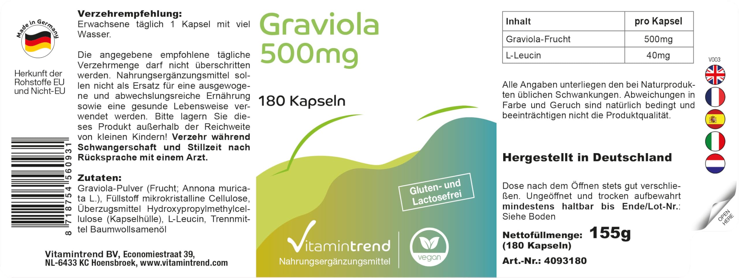 Vitamintrend Graviola hautement dosée 500 mg, 180 gélules, issue du fruit de graviola, annone épineuse, soursop, complément alimentaire végan sans additifs, fabriqué en Allemagne