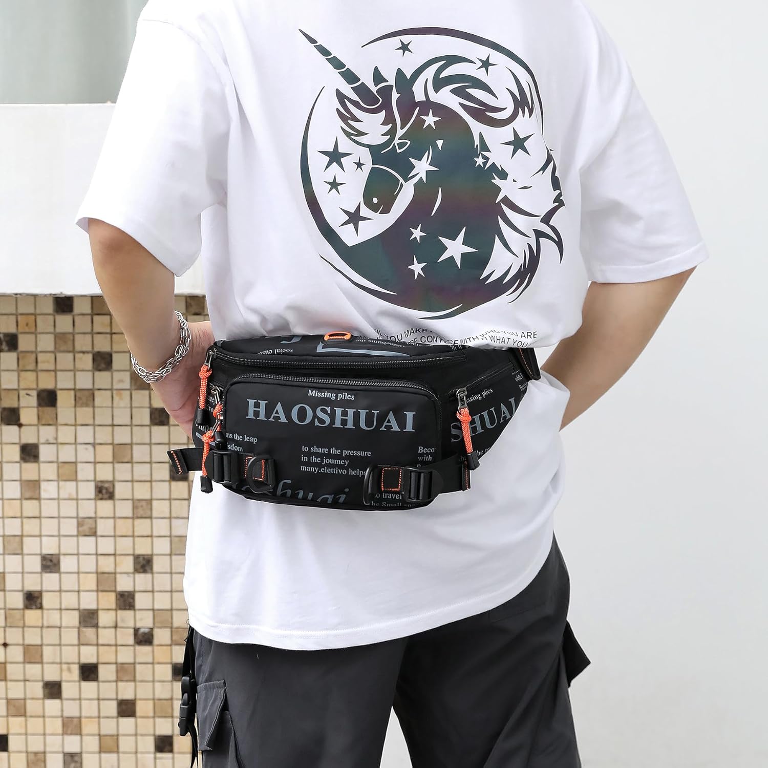 Fanny Pack for Men Women Waist Bag with Headphone Jack Utility Hip Belt Pouch Crossbody Bags Bumbag for Cycling Hiking Walking Fishing Black02 - Image 4