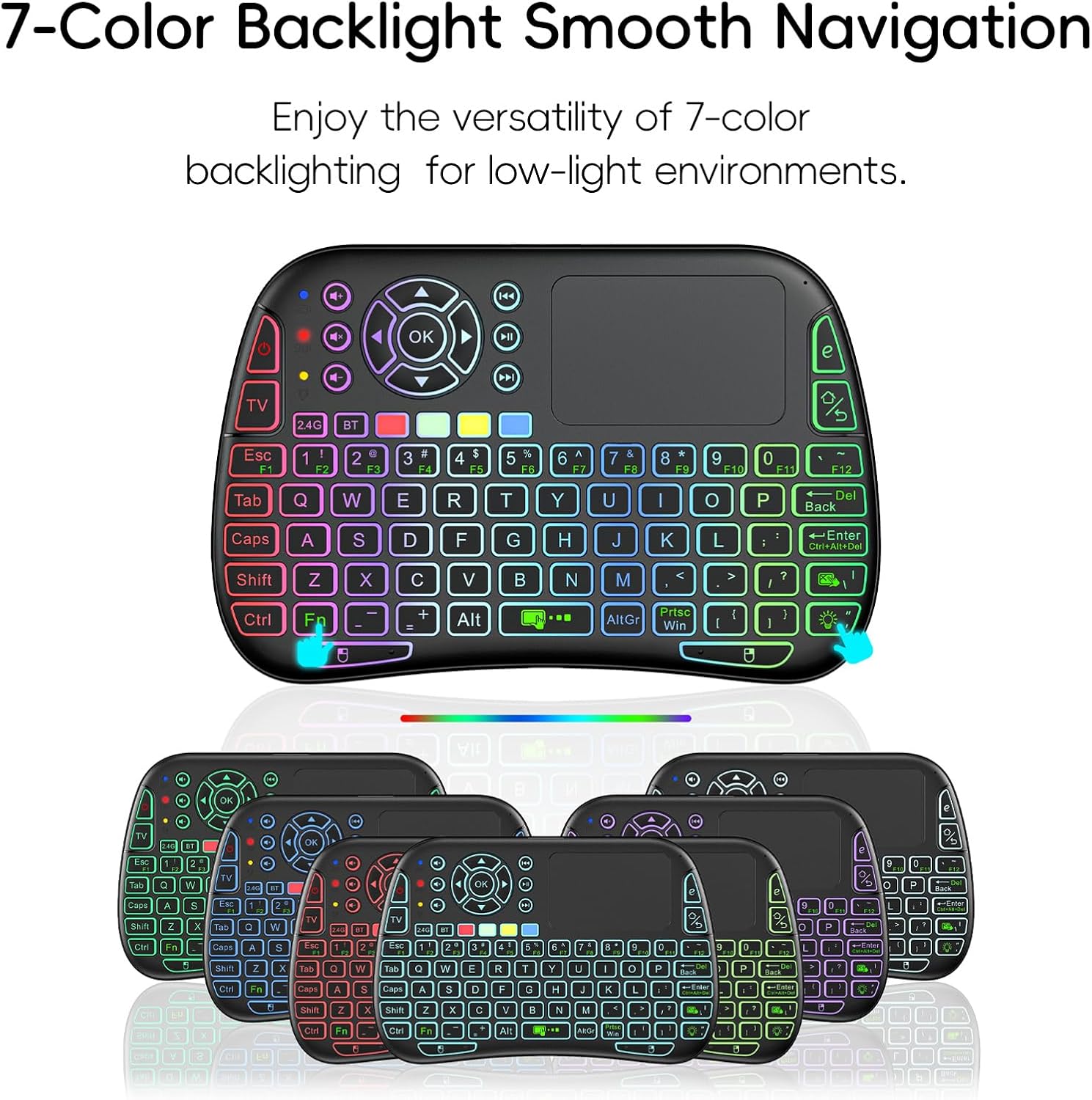 iPazzPort Mini Wireless Keyboard with Touchpad, Backlit 2.4G Bluetooth Dual Mode Keyboard Touchpad Combo for Smart TV Android TV Box PC Tablet iPad, Rechargeable Keys QWERTY with 7 RGB Colors Type-C