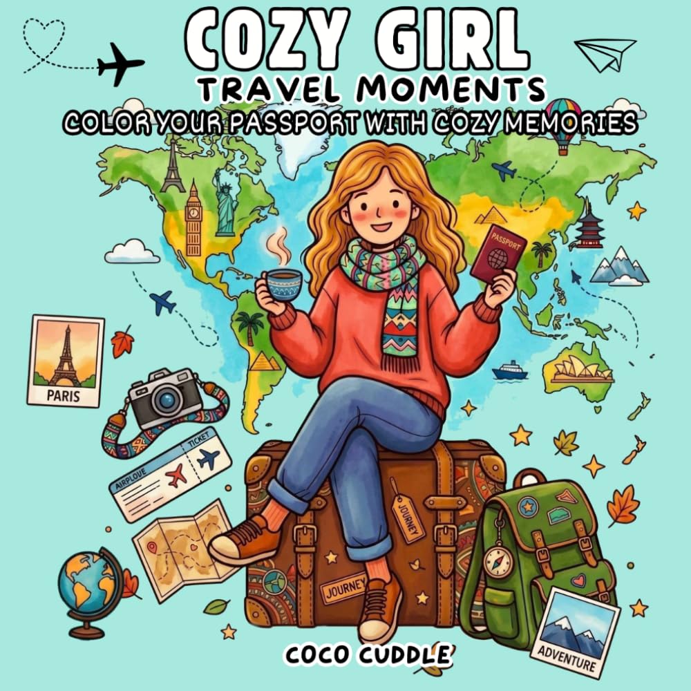 Cozy Girl Travel Moments Coloring Book: Cute & Relaxing Travel Adventures, Cozy Cafés, Scenic Destinations & Wanderlust Coloring Pages for Adults and Teens