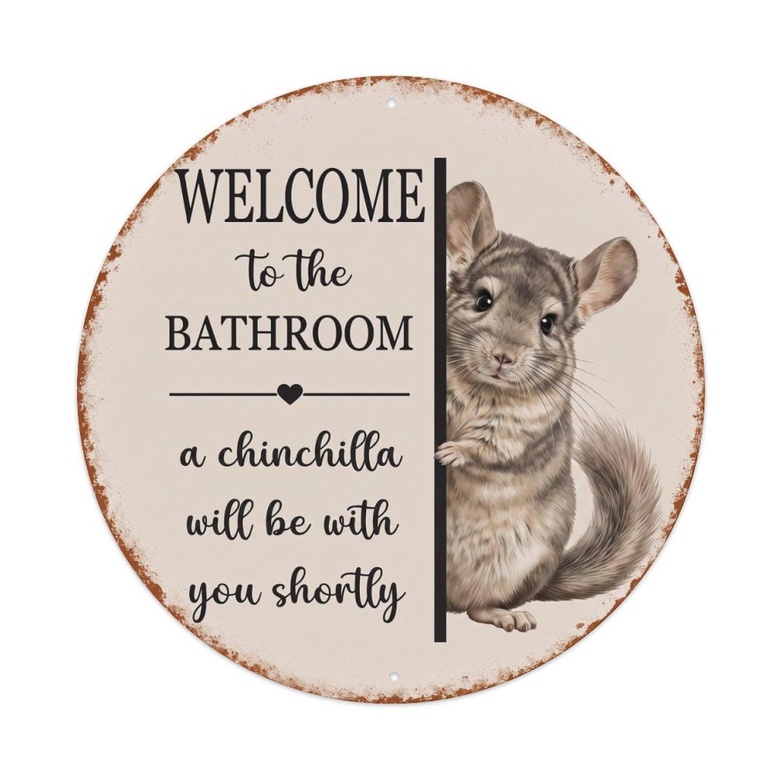 Vintage WELCOME To The BATHROOM Chinchilla Metal Tin Sign