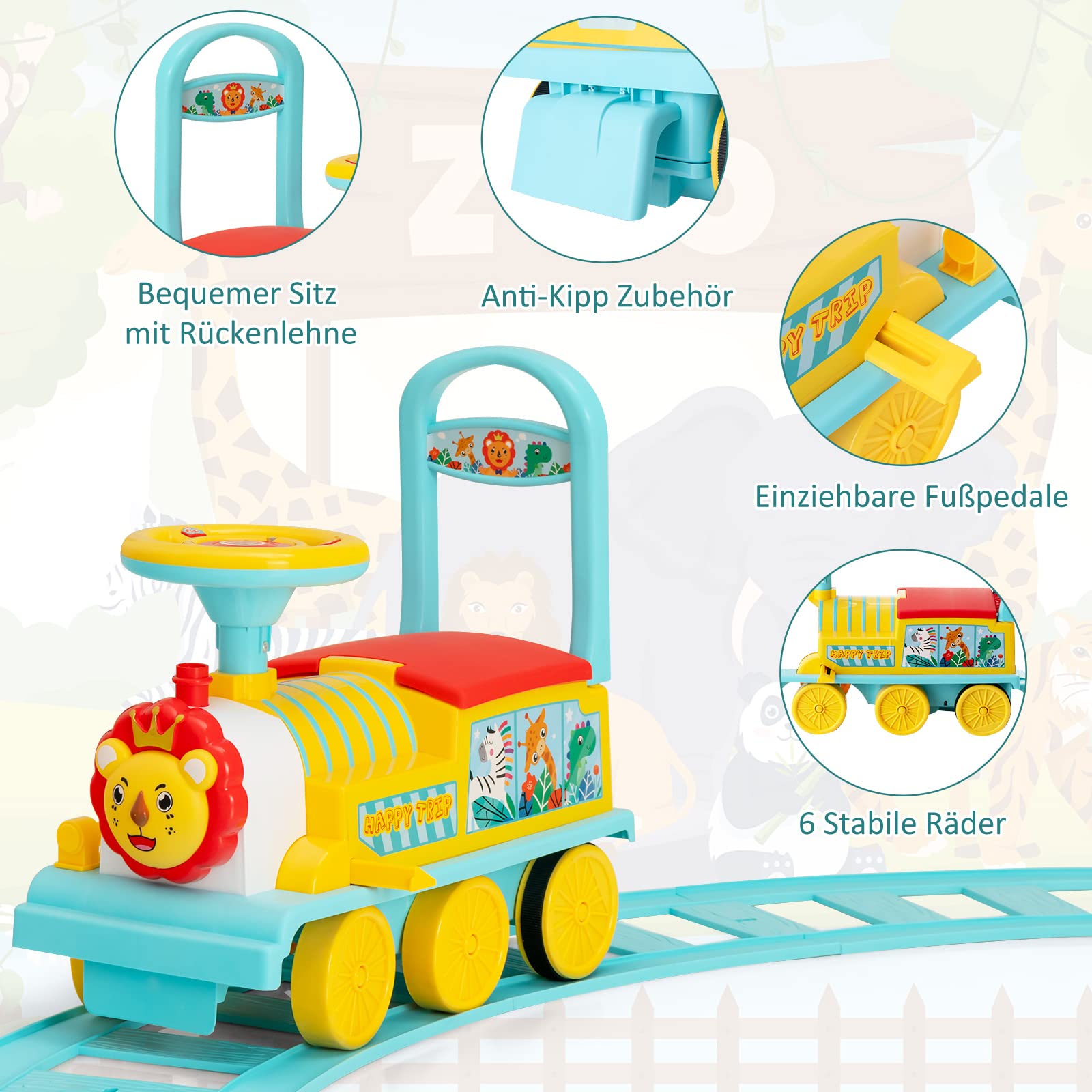 GOPLUS Kinder Elektro Zug, Kinderfahrzeug mit 16 STK. Schiene Set, 6V Kinder Aufsitz mit Licht, Musik, Zugpfeife & Stauraum, Elektro Kinderauto für Jungen & Mädchen ab 3 Jahren (Blau)