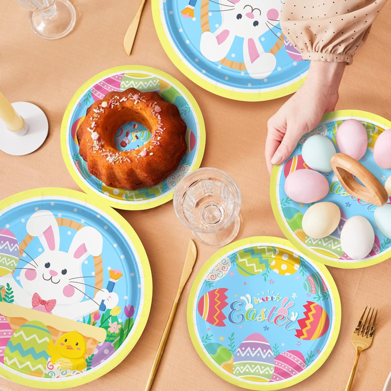 Gatherfun Easter Party Supplies Kit, 50pcs Paper Plates & Napkins, White, Pink, Yellow, Blue, Cartoon Rabbit Design, Perfect for Easter Celebrations - Image 5