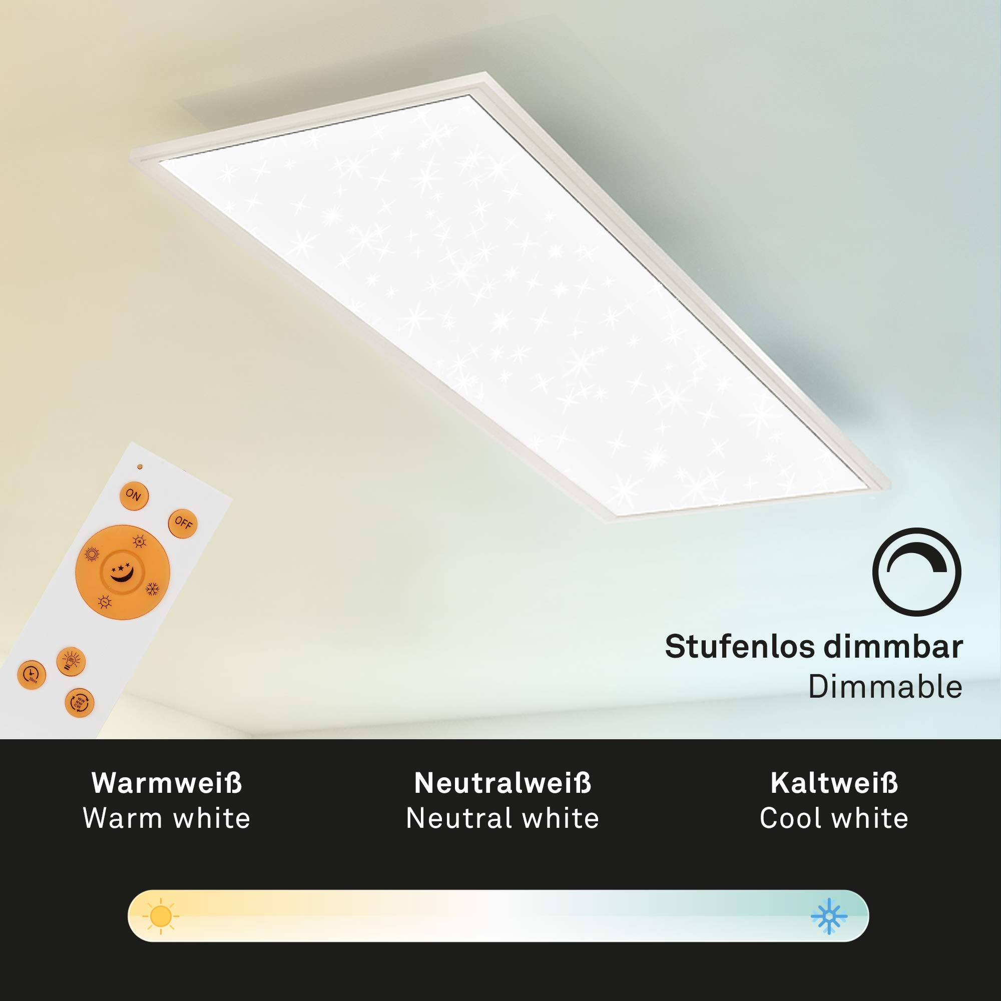 BRILONER - LED Deckenlampe flach mit Sternenhimmel, einstellbar von warmweiß bis kaltweiß, dimmbar, Fernbedienung, Lampe, Deckenleuchte, Wohnzimmerlampe, LED Panel, 100x25x6,5 cm, Weiß
