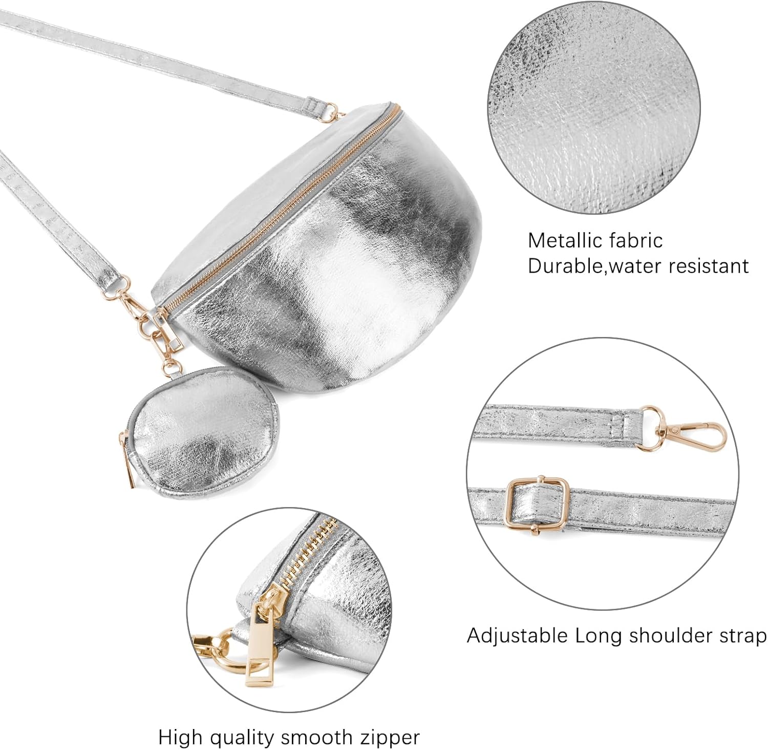 Crossbody Bags for Women Fashion Sling Purse Shoulder Bag Fanny Pack Leather Causal Chest Bum Bag Cross Body Purse (Silver) - Image 4