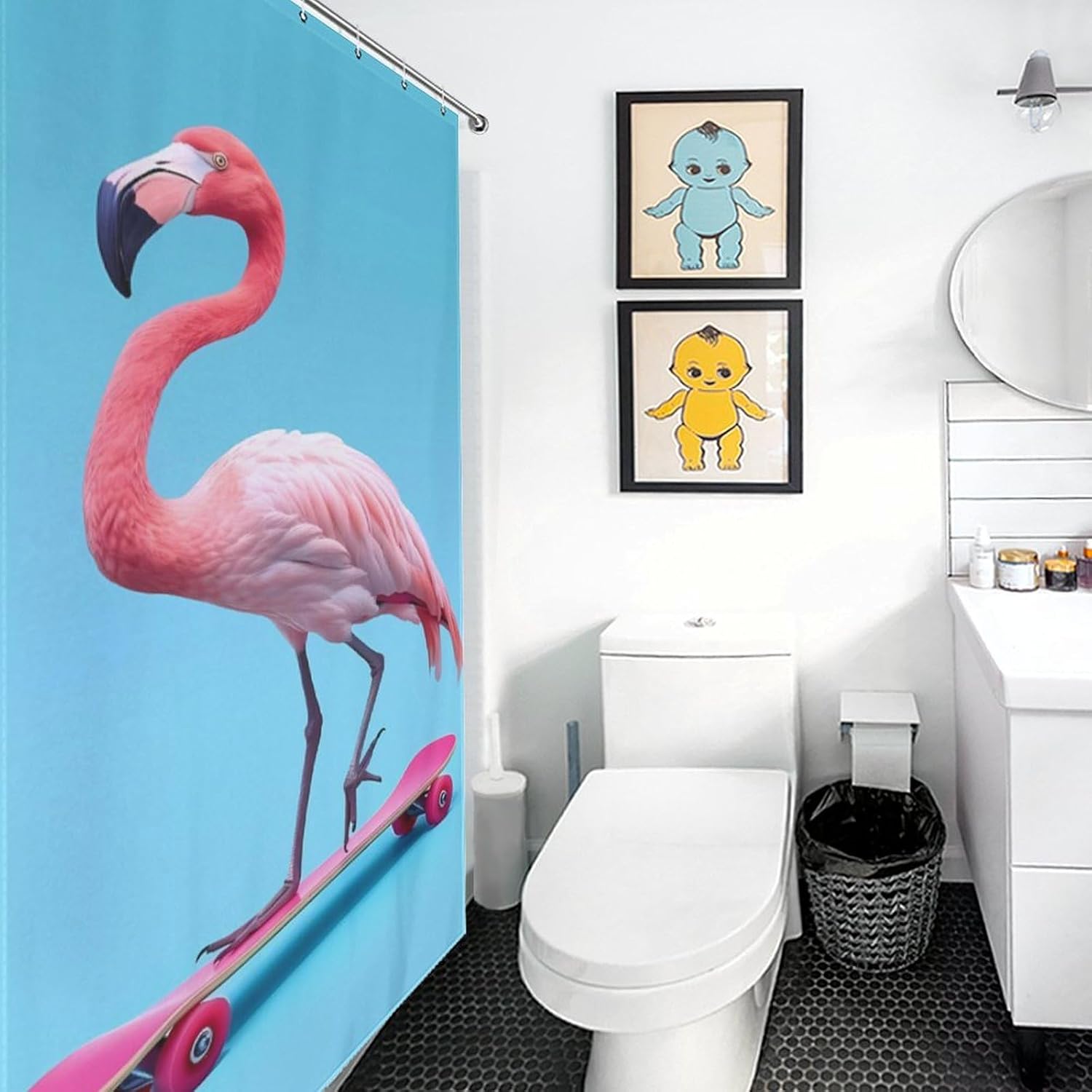 Flamingo on Skateboard Funny Shower Curtains Washable Bath Curtain Liner with Hooks for Bathroom Bath Tubs