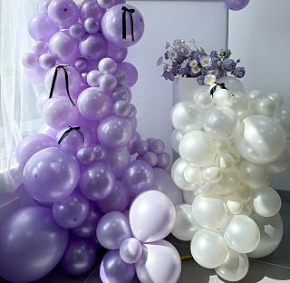 185 Purple and White Balloons Arch Kit with Black Bows in Different Sizes 18" 12" 10" 5", Double Stuffed Pearl Purple and White Balloons for Birthday Bridal Bat Mitzvah Party Decoration