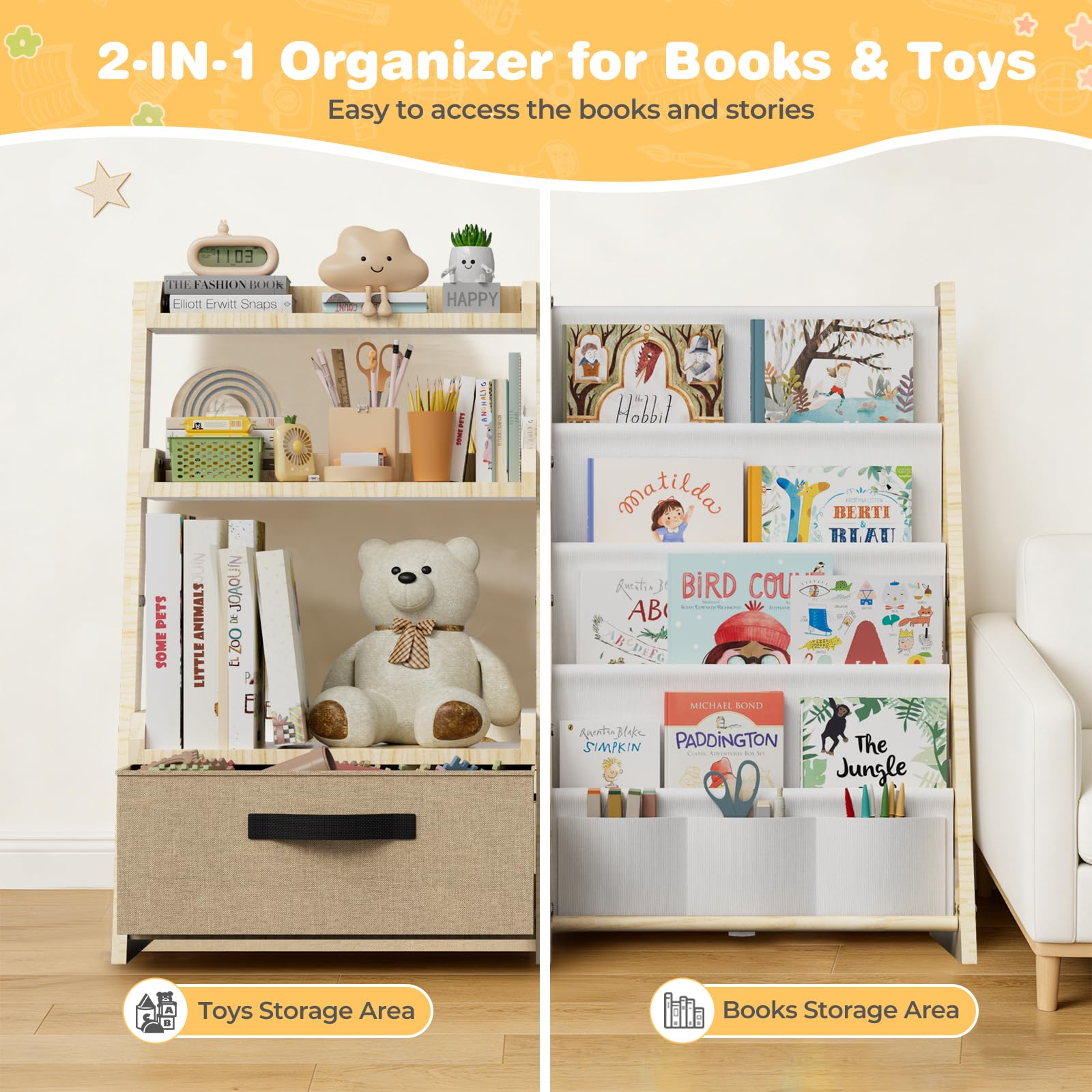 Scaffale per bambini con organizer per giocattoli 2 in 1 - Libreria in legno e tessuto con 4 scomparti, cassetto e tasche portapenne, scaffale sicuro per bambini, altezza 68 cm, per cameretta