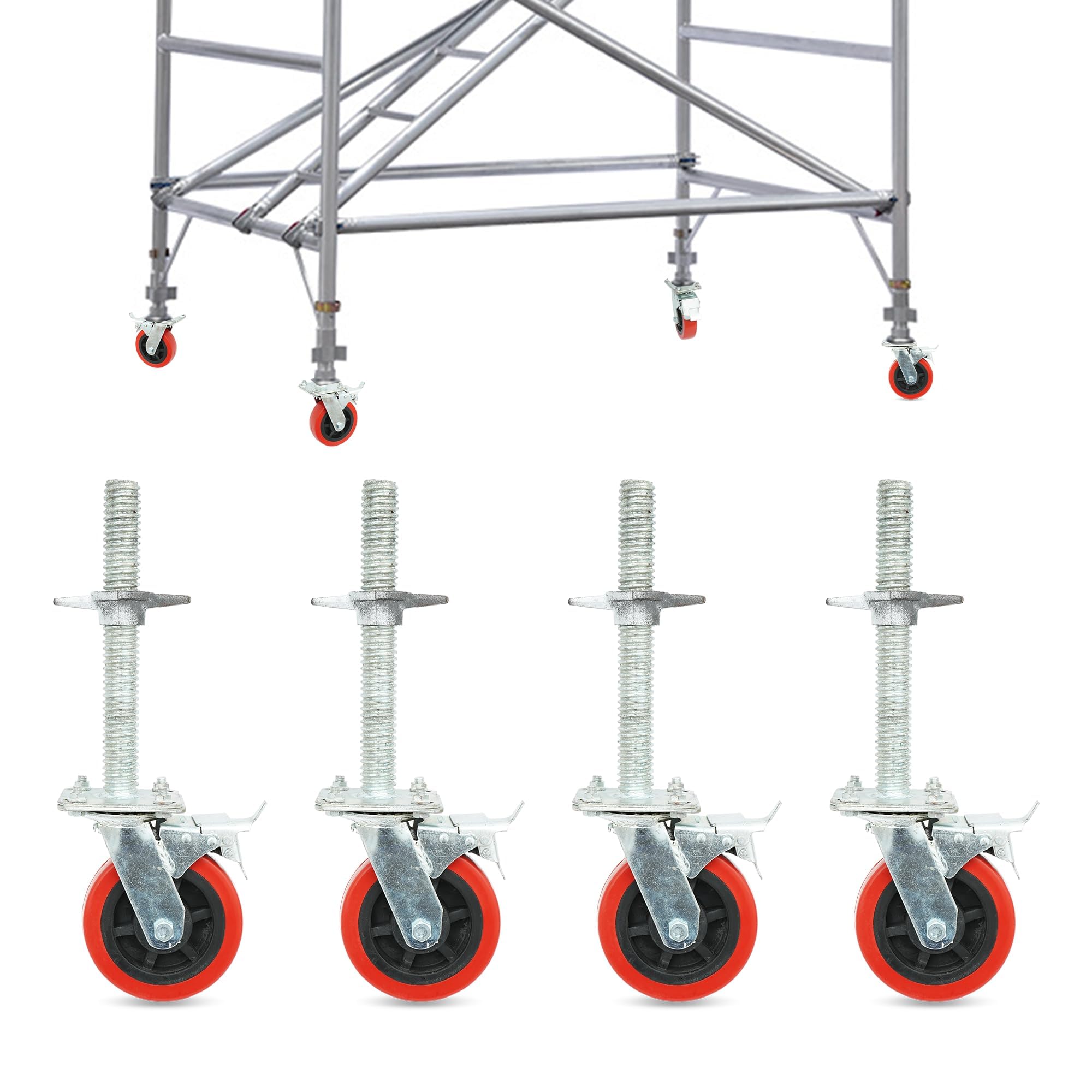 Juego de 4 ruedas de andamio con patas ajustables de 8 pulgadas, rueda de goma de bloqueo resistente para torre de andamios