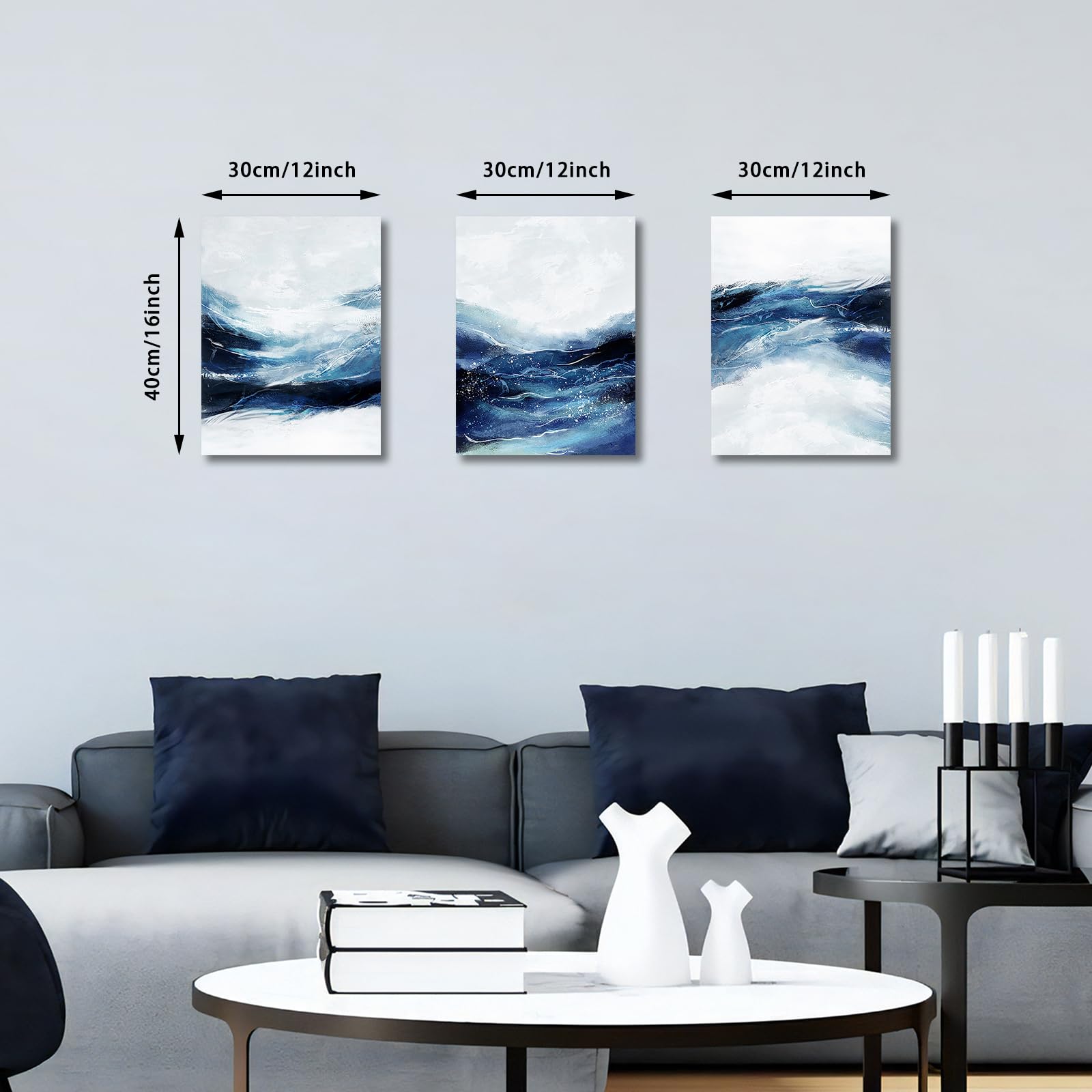 FajerminArt 3Pcs Dark Blue Modern Living Room Painting Framed Abstract Blue White Canvas Wall Art Pictures Printing Canvas Artwork Wall Decor for Bedroom Bathroom Office Ready to Hang 30x40cmx3 Pcs — view 2