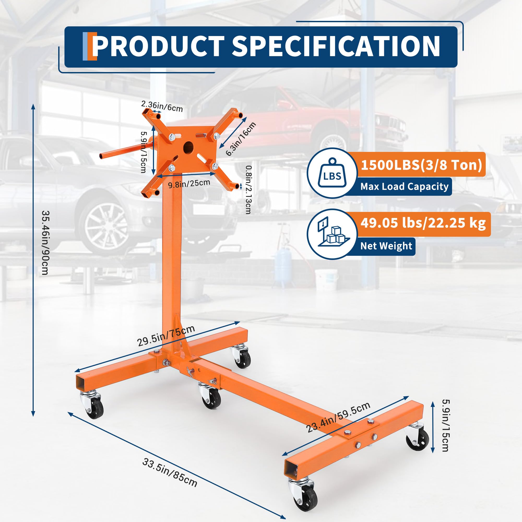 Garvee Support Moteur Rotatif Robuste – Capacité 1500 lbs, Rotation 360°, châssis Acier Pliable, 5 roulettes, 4 Bras réglables, Frein, Rangement Compact – Atelier, Garage, mécanique | Orange | 1500