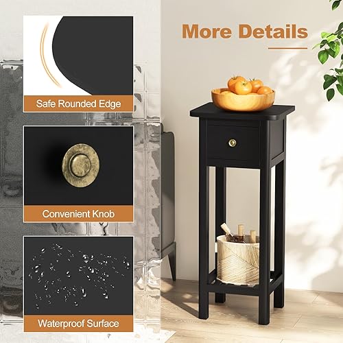 Miniatura 30 de Tangkula Mesa auxiliar estrecha, mesa auxiliar pequeña para espacios pequeños, mesita de noche delgada de madera de acacia de granja con cajón y