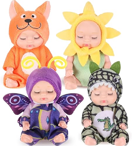 Miniatura 7 de Hanaive Juego de 4 muñecas de bebé recién nacido de 4 pulgadas realistas y realistas, ropa de animales, para niñas, niños pequeños y niños a partir