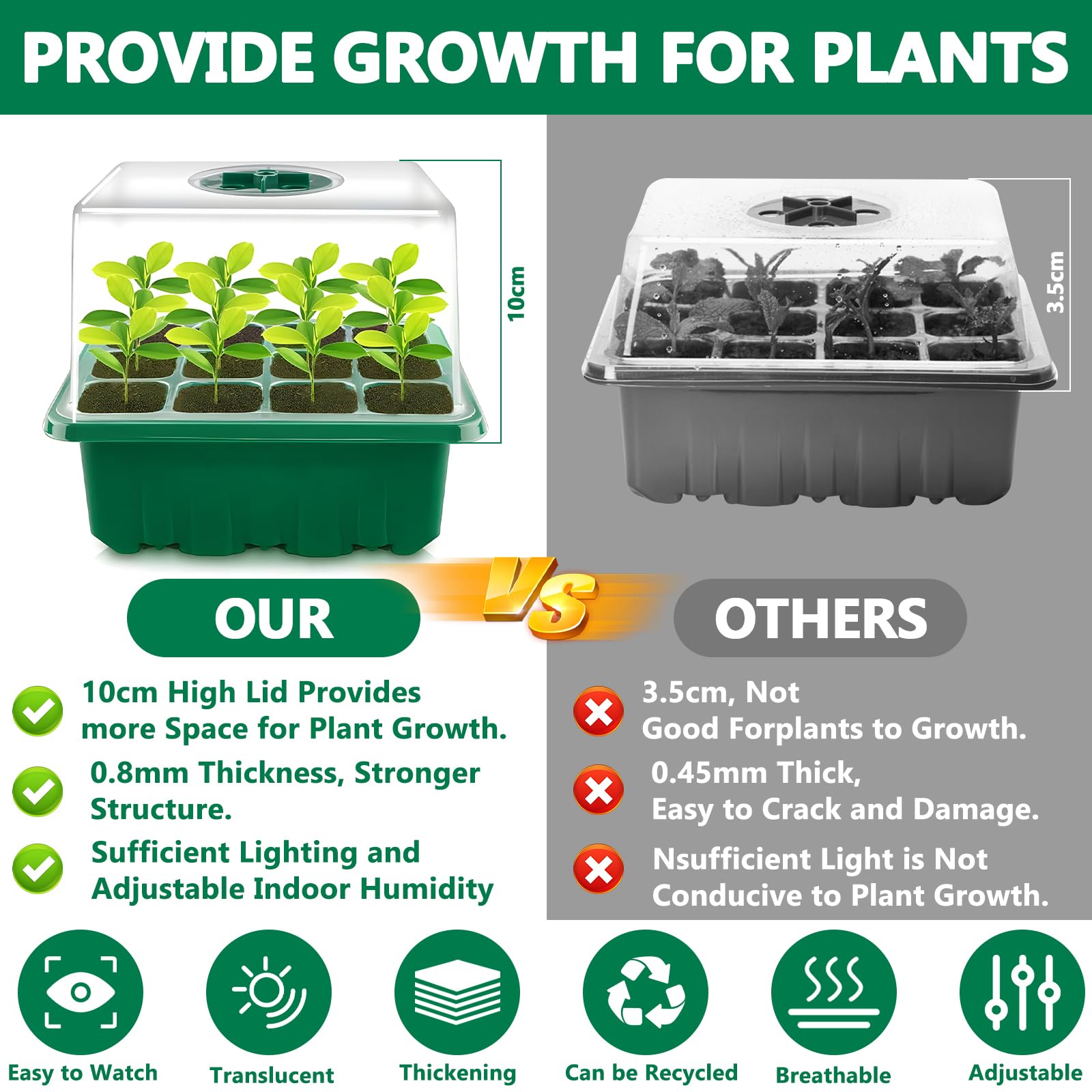 MOYKSRR Vassoi per semi, Vassoi Semina, 10 Pack 120 Celle Propagator Growing Addensano i Vassoi, Vassoi per Piante con Cupole Ventilate, per Germinazione, Strumento di Coltivazione in Mini Serra