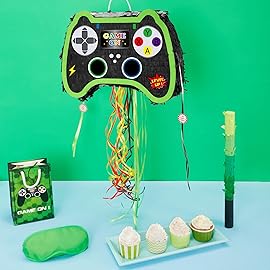 WERNNSAI Foldable Video Game Piata - Pull String Gaming Birthday Party Supplies Extendable Piata with Blindfold Bat and Tassels Game On Birthday Party Decoration Folding Piatas for Classroom Game