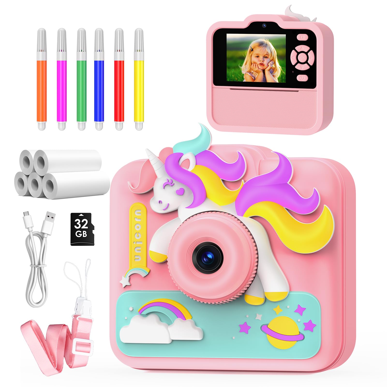 Macchina Fotografica Bambini Istantanea, 2,4 Pollici 1080P Fotocamera Bambini Selfie Giocattolo Regalo di Natale Bambino e Bambina 3 4 5 6 7 8 Anni, 32GB Scheda