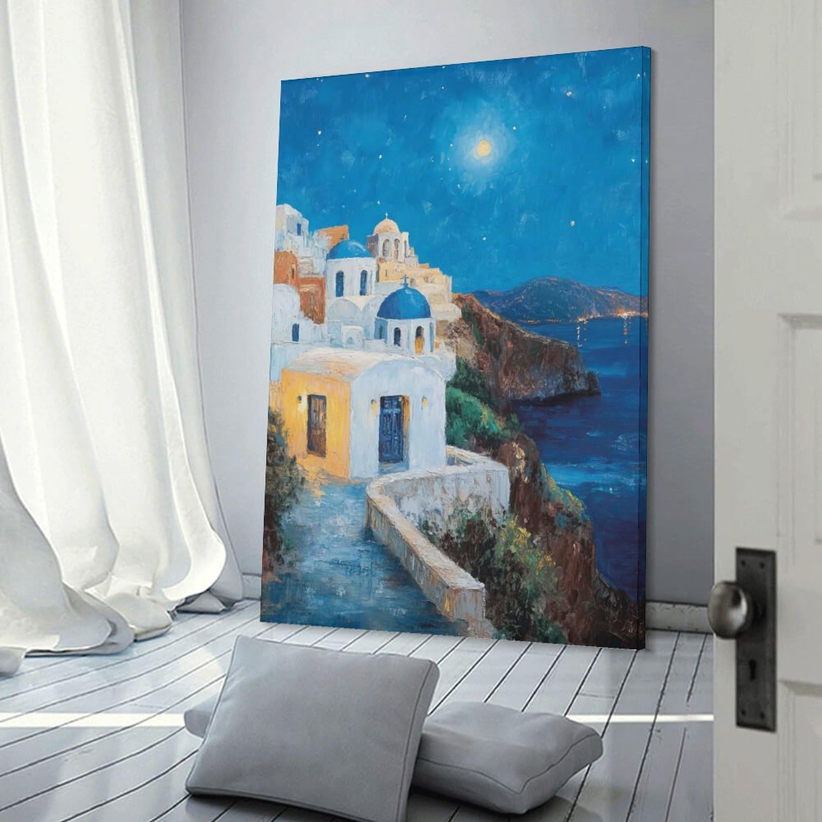Junmoney Frame-Style-12 Decorative Wall Artwork Greek Island Night, 08X12inch(20X30cm), For New Homes, Bedrooms Or Workspaces, Canvas Artwork With Gifting Potential