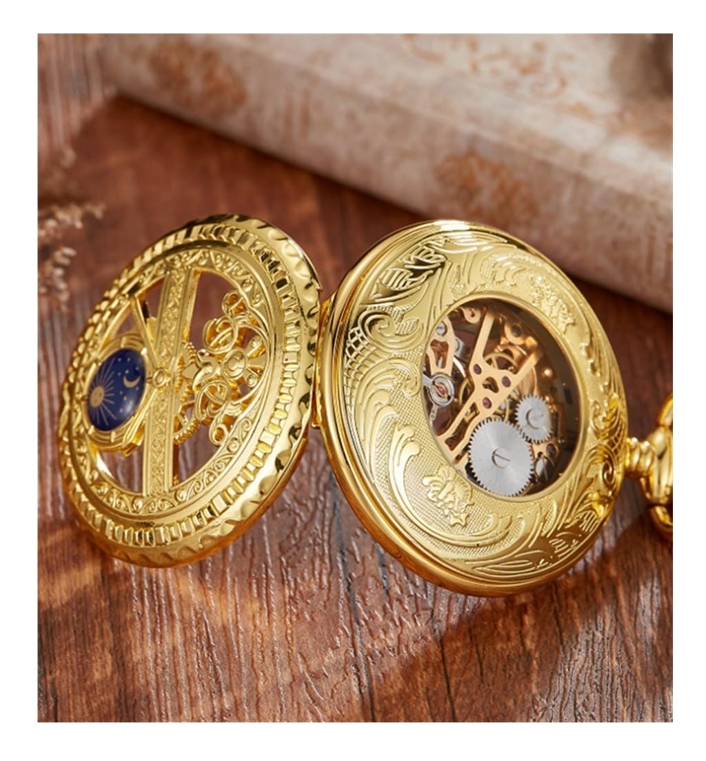 Zegarki Kieszonkowe Mechaniczny Zegarek Kieszonkowy Z Ręcznym Wiatrem Świecące Cyfry Rzymskie Skala Steampunk Z Łańcuszkiem Zegarki Kieszonkowe Męskie(Gold)