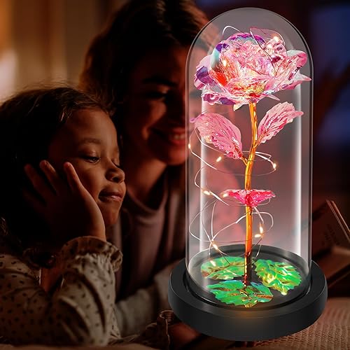 Miniatura 5 de Flor de rosa preservada para mamá, flor para siempre en cúpula de cristal con luz LED, rosas de cristal, regalos de cumpleaños para mujeres, niñas,
