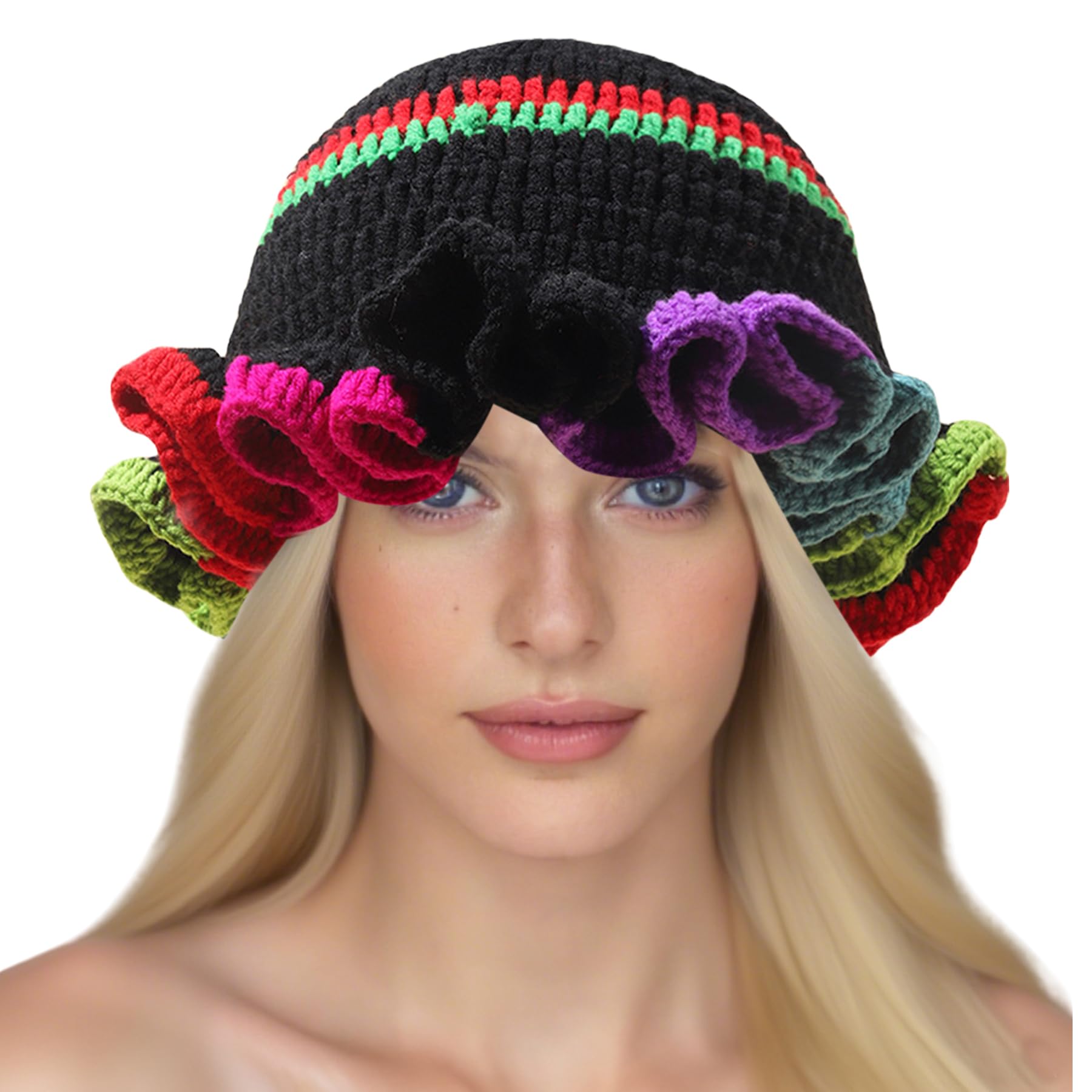 Women Crochet Bucket Hat Cute Winter Ruffled Brim Floppy Cap Handmade Knit Cloche Hats