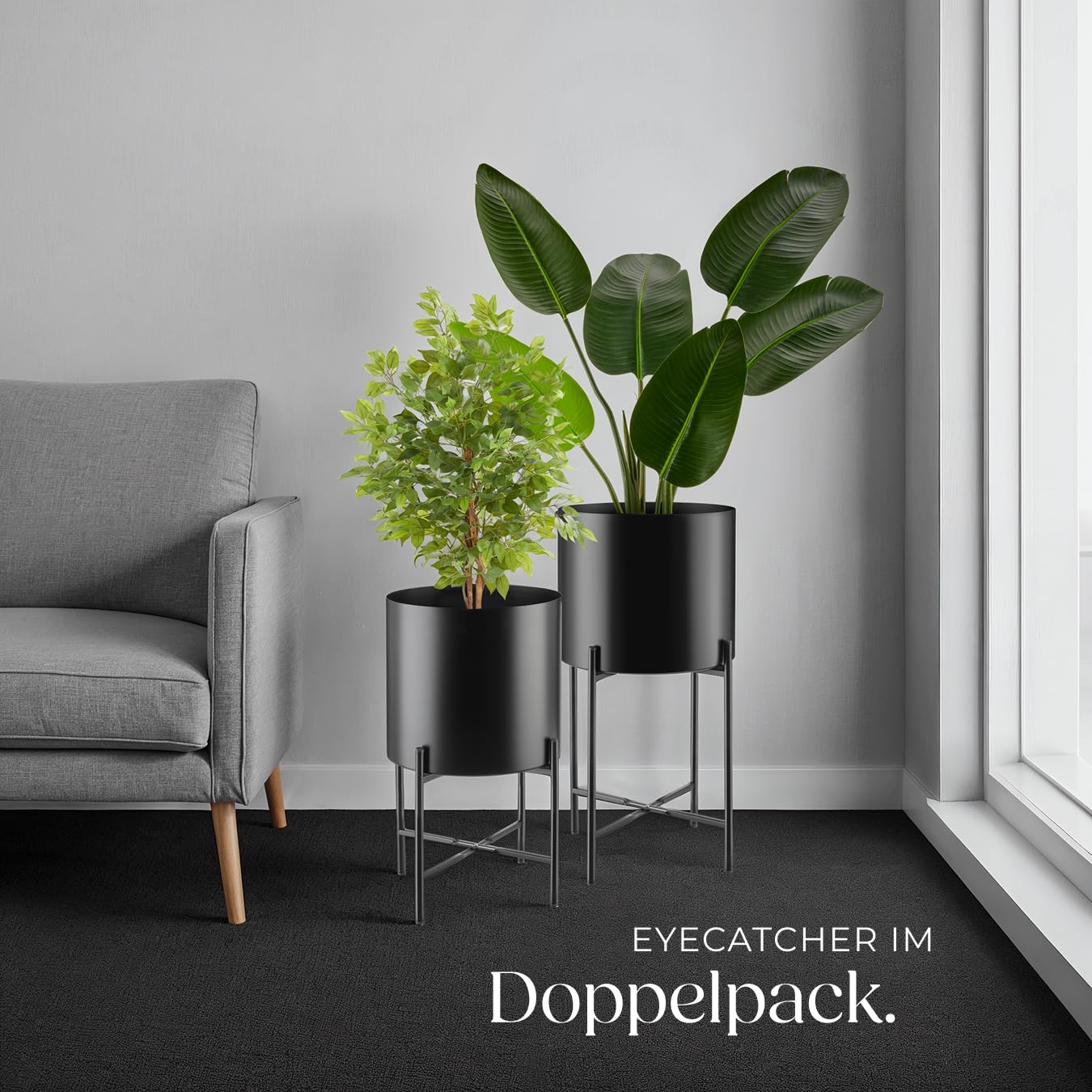 tectake® Pflanzenständer 2er Set, Blumenständer, Metall Blumentopf, abnehmbare Übertöpfe, Blumentöpfe als Deko Wohnzimmer, Übertopf für Innen und Außen, Blumenhocker mit Füßen und Übertopf - schwarz