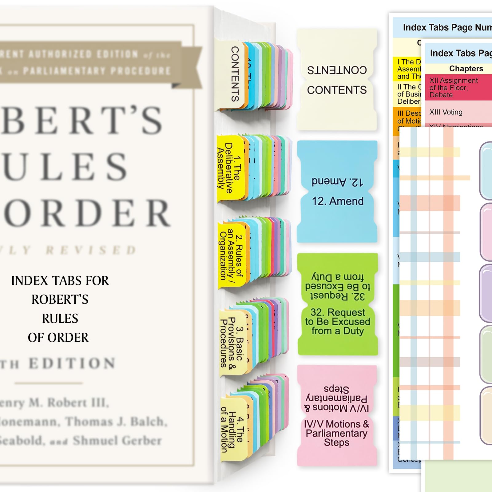 Index Tabs for Robert's Rules of Order Newly Revised, 12th Edition, 90 Color-Coded & Laminated Book Tabs with Alignment Guide (Book Not Included),