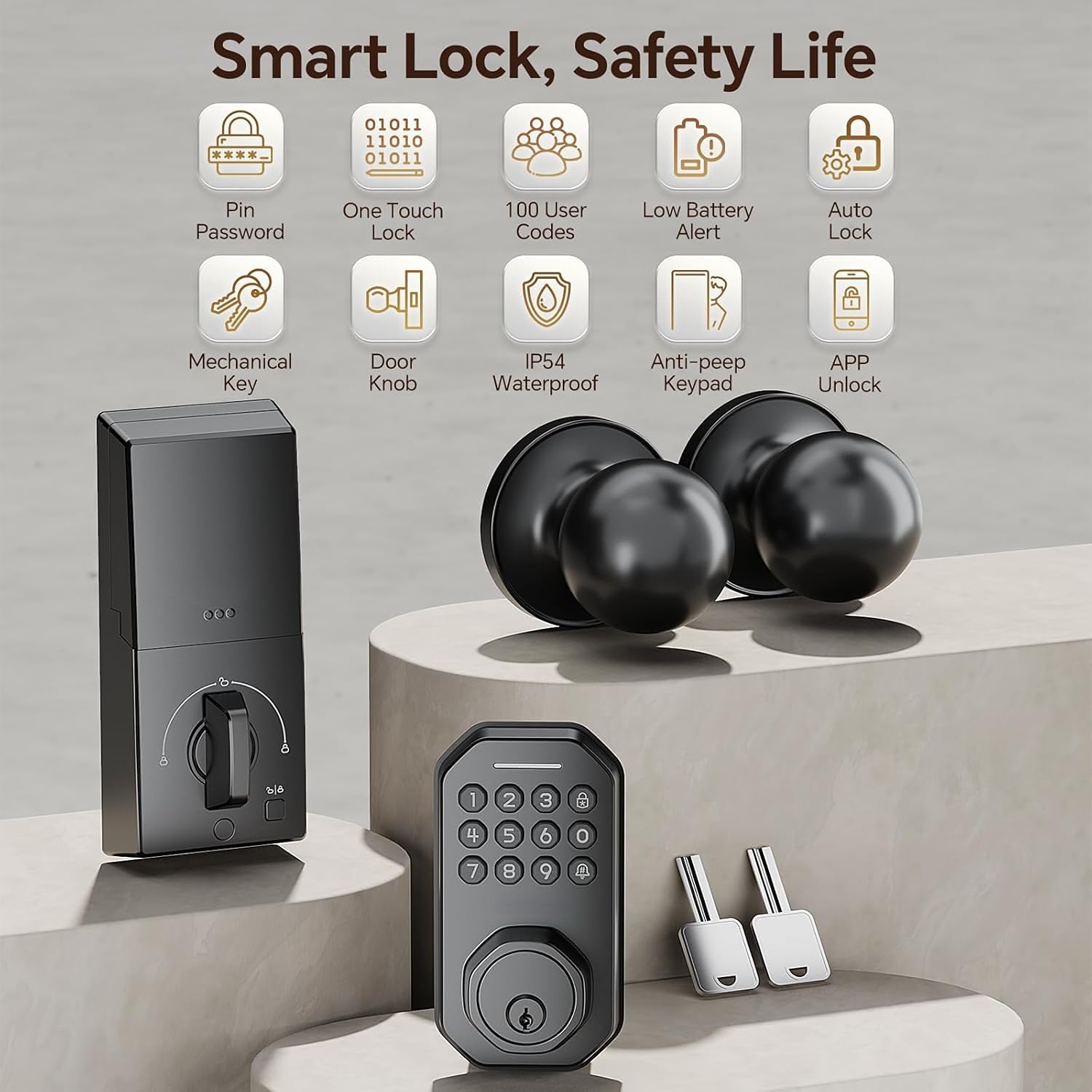 VCHOO Serrure intelligente WiFi sans clé pour porte d'entrée, serrure de porte Wi-Fi, verrouillage automatique