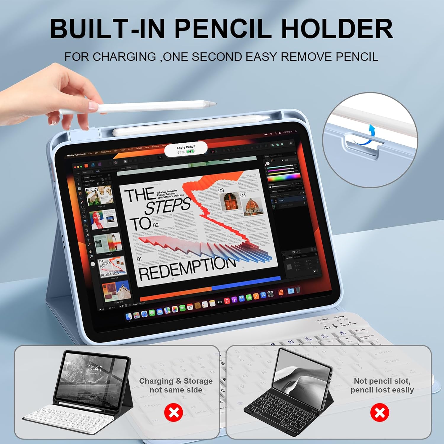 Keyboard Case for iPad Air 11 Inch M4/M3/M2 2026/2025/2024, iPad Air 5th/4th Generation 10.9 in 2022/2020, Detachable Wireless Bluetooth Keyboard Built-in Right Side Pencil Holder, Light Blue