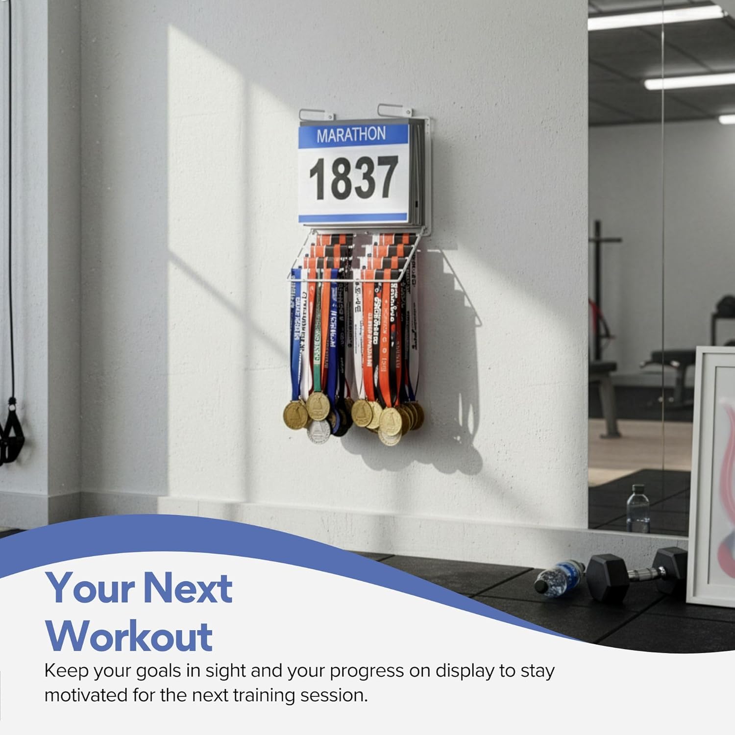 Performore 2-in-1 Wall-Mount Medal & Bib Display Rack | Metal Steel Organizer Rack with 12 Clear Bib Pockets, Hooks & Mounting Kit | Holds 40+ Medals & Bibs | Home, Gym, Sports Room