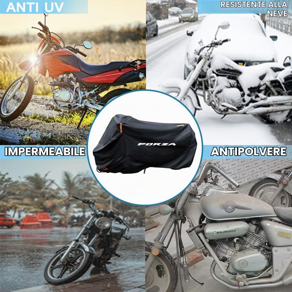 Per Forza 125 250 300 350 750 Telo coprimoto impermeabile antipolvere antipioggia antivento anti-escrementi di uccelli con strisce riflettenti in poliestere 210D antifurto (295 cm*110 cm*140 cm)