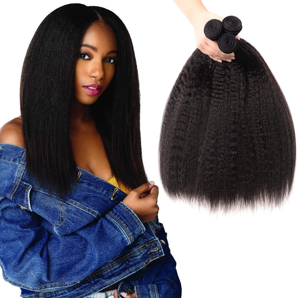 UNILOhuman hair bundles 12A, yaki straight bundles human hair Brazilian kinky straight hair bundles 16 18 20 Inch Total 300G Double Weft Sewing no shedding hair.