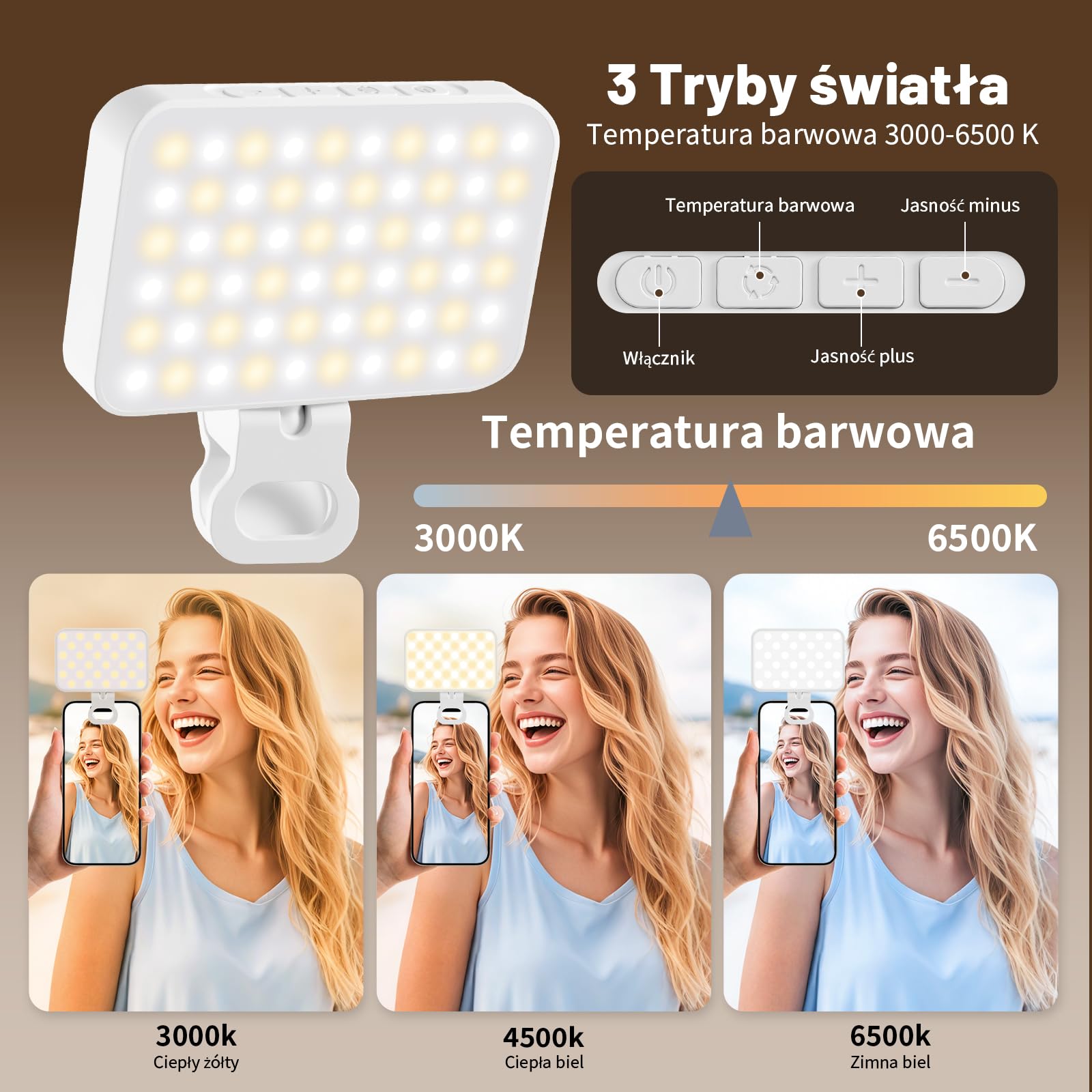 OUSFOT Lumiere Telefon z 3 trybami oświetlenia, 3000-6500K, 10 poziomów jasności do telefonu z baterią 2000 mAh z klipsem, do telefonu, aparatu, komputera