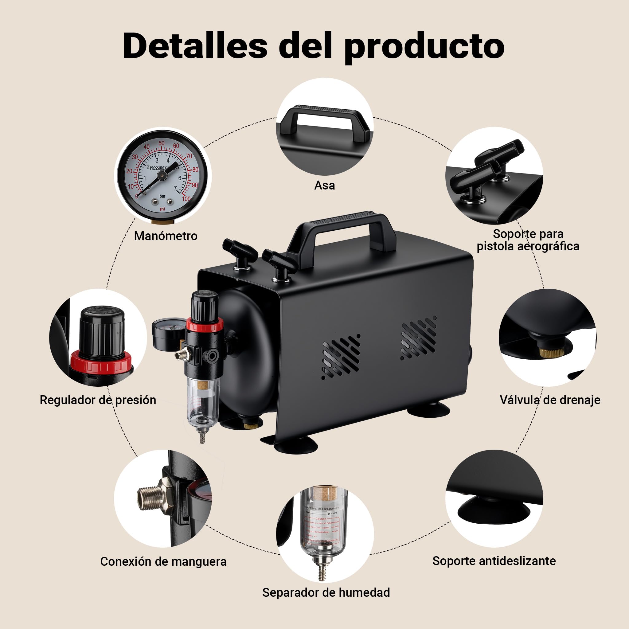 Wiltec Compresor para aerógrafo AS18TB 1/6 CV, compresor de aire comprimido con caudal de 20-23 l/min, para pistola aerográfica con 2 salidas y manómetro, diseño con pistola de aerografía